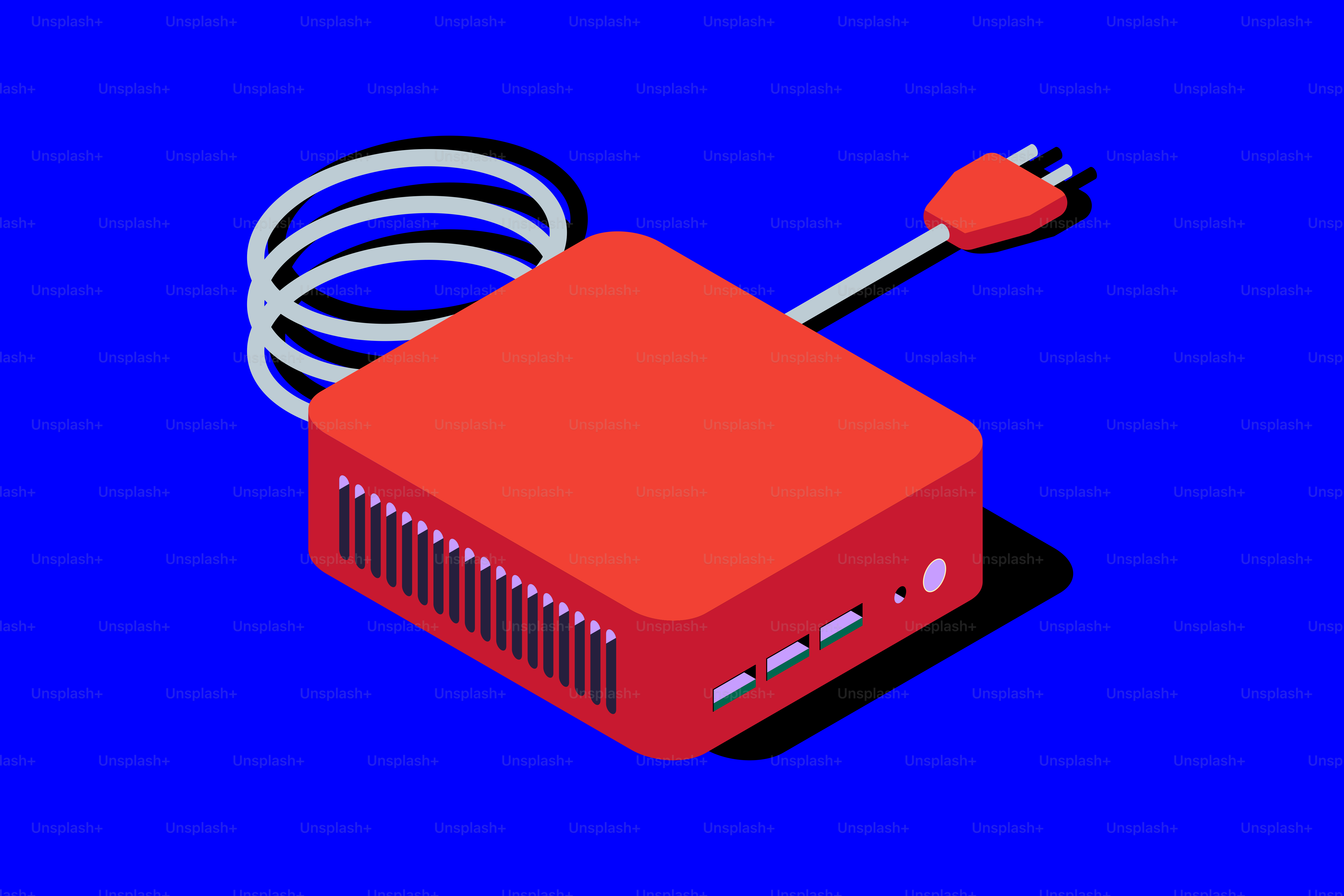Dispositivo electrónico rojo con cable de alimentación sobre fondo azul