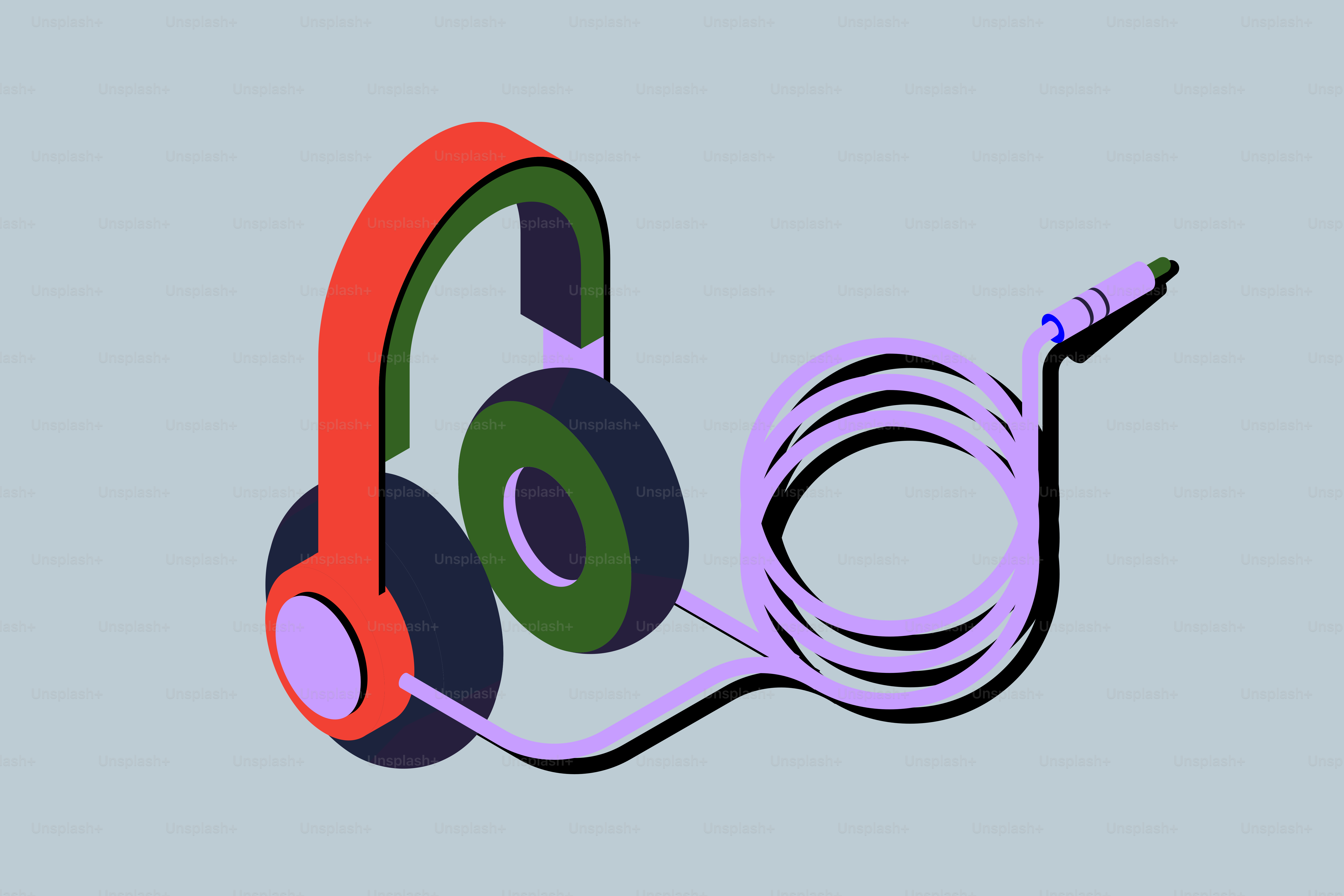 Headphone warna-warni dengan kabel ungu melingkar