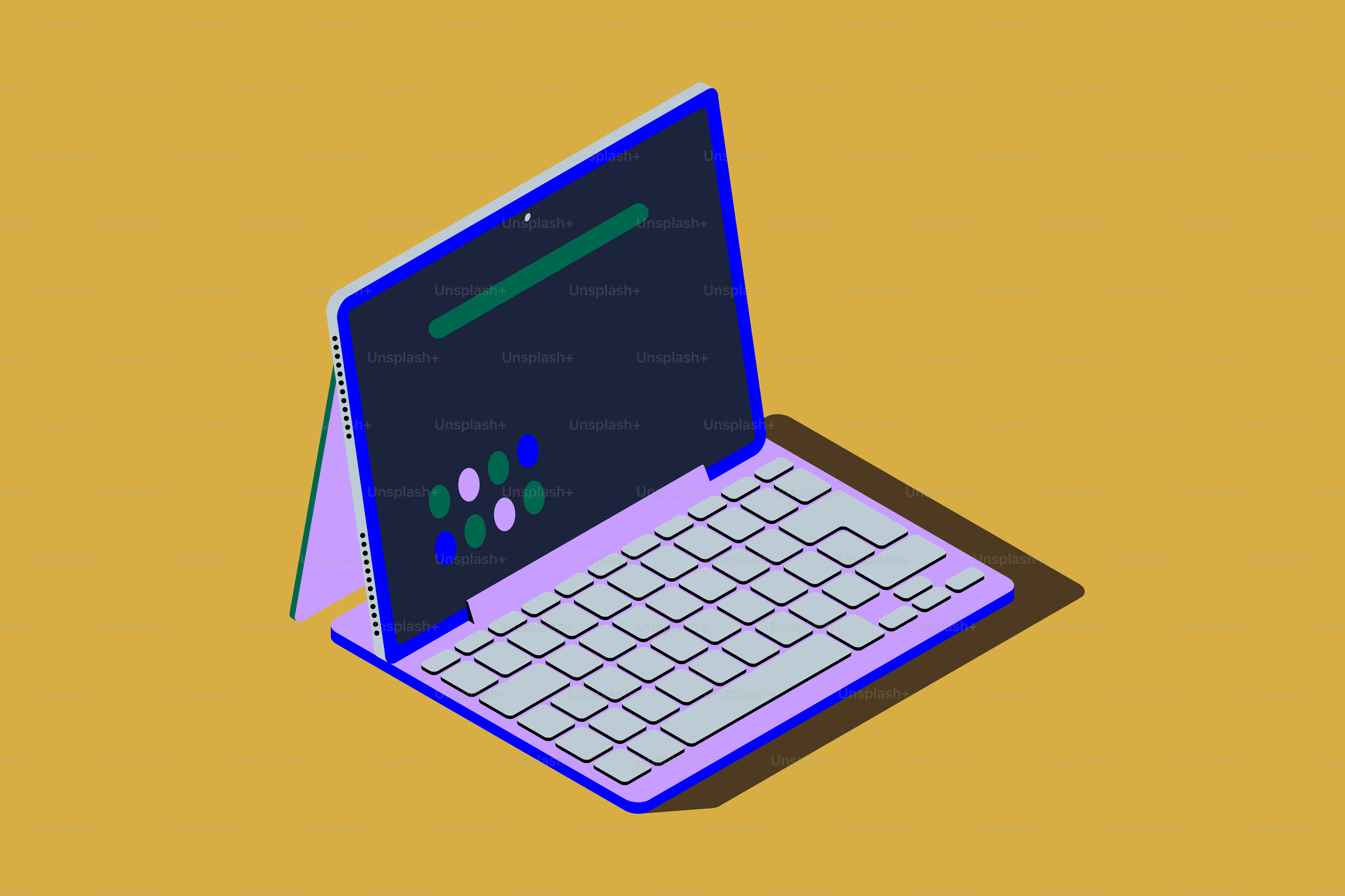 Isometrische Ansicht eines lila Laptops auf gelbem Hintergrund