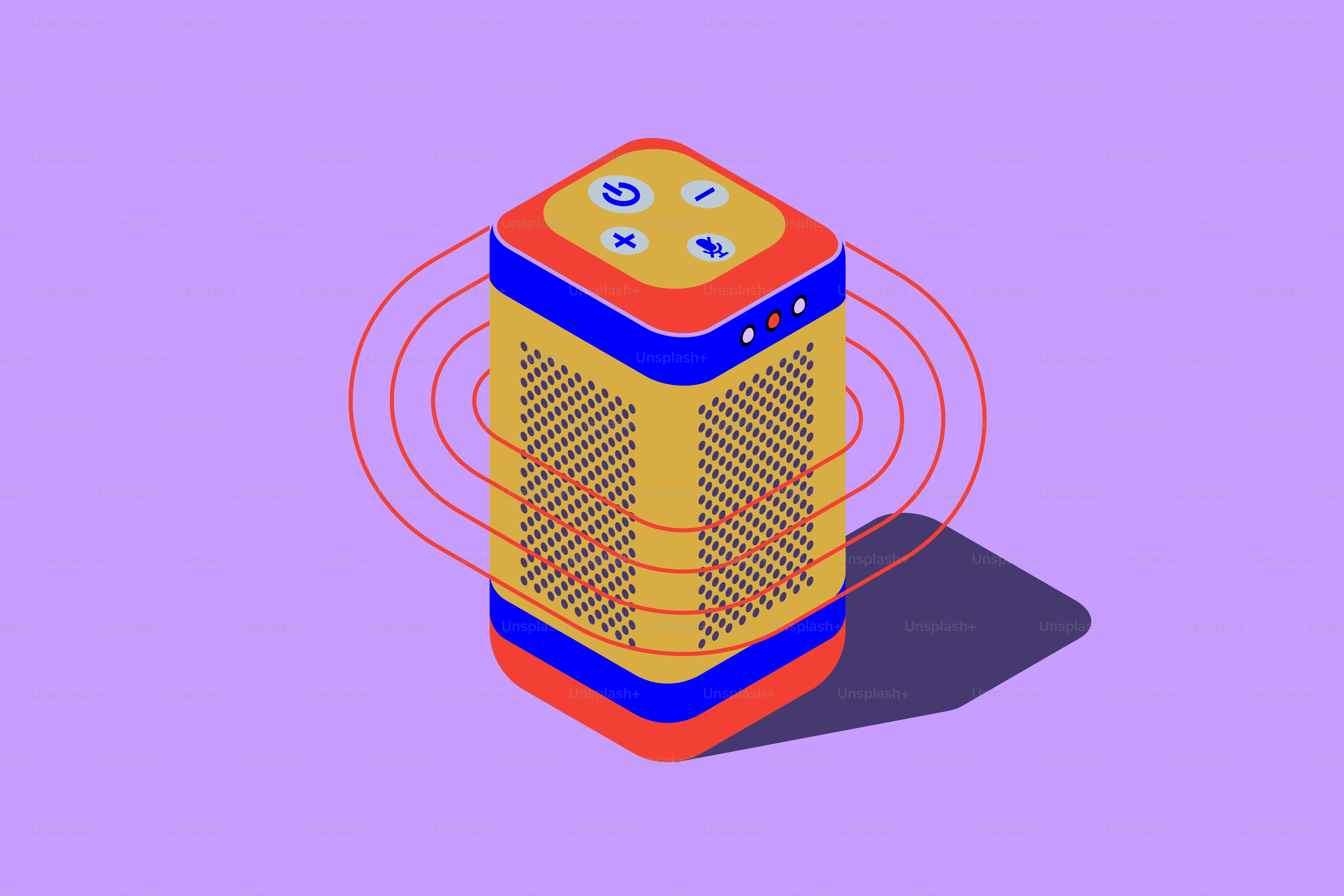 Un altavoz colorido emitiendo ondas sonoras sobre un fondo púrpura.