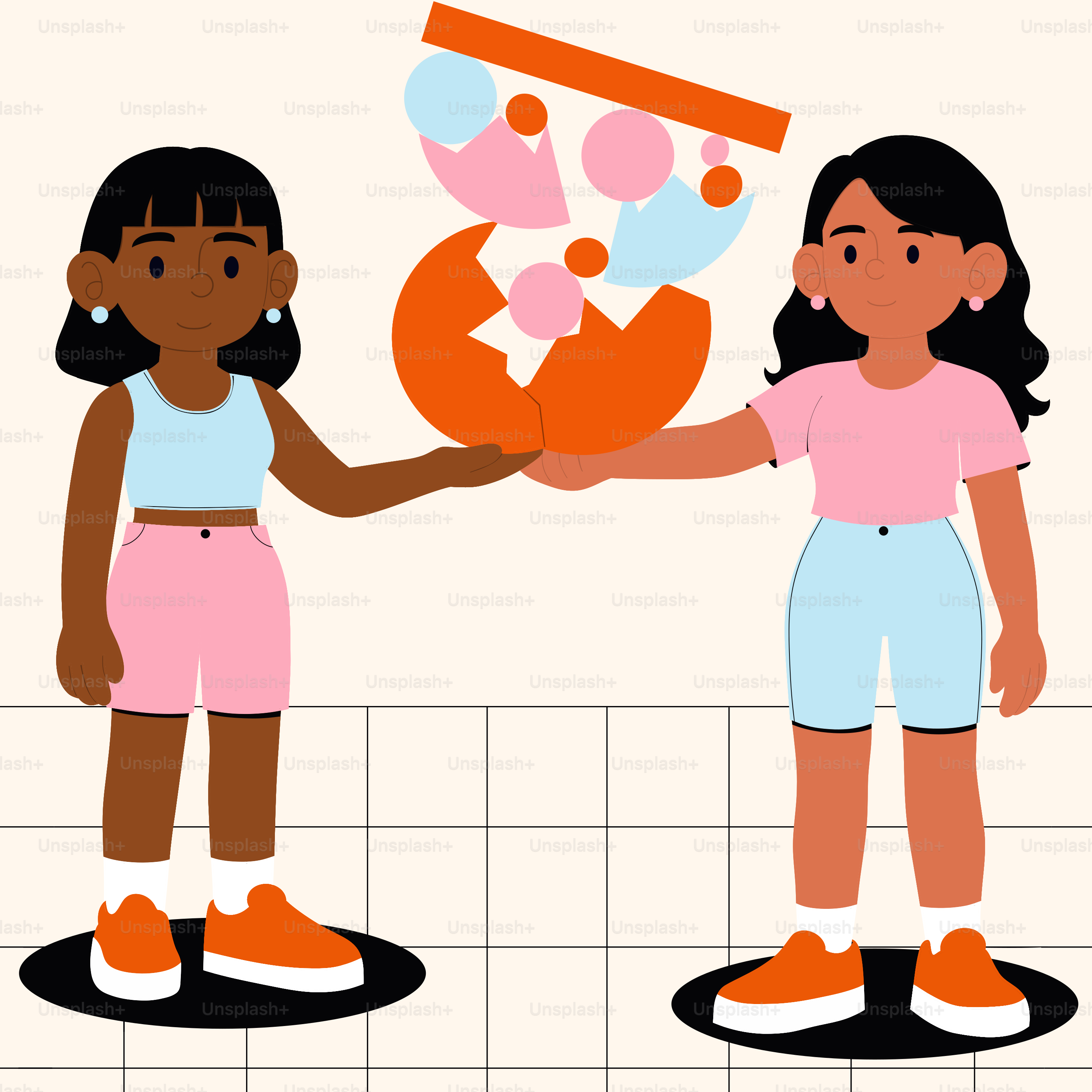 Two women hold abstract orange and blue shapes