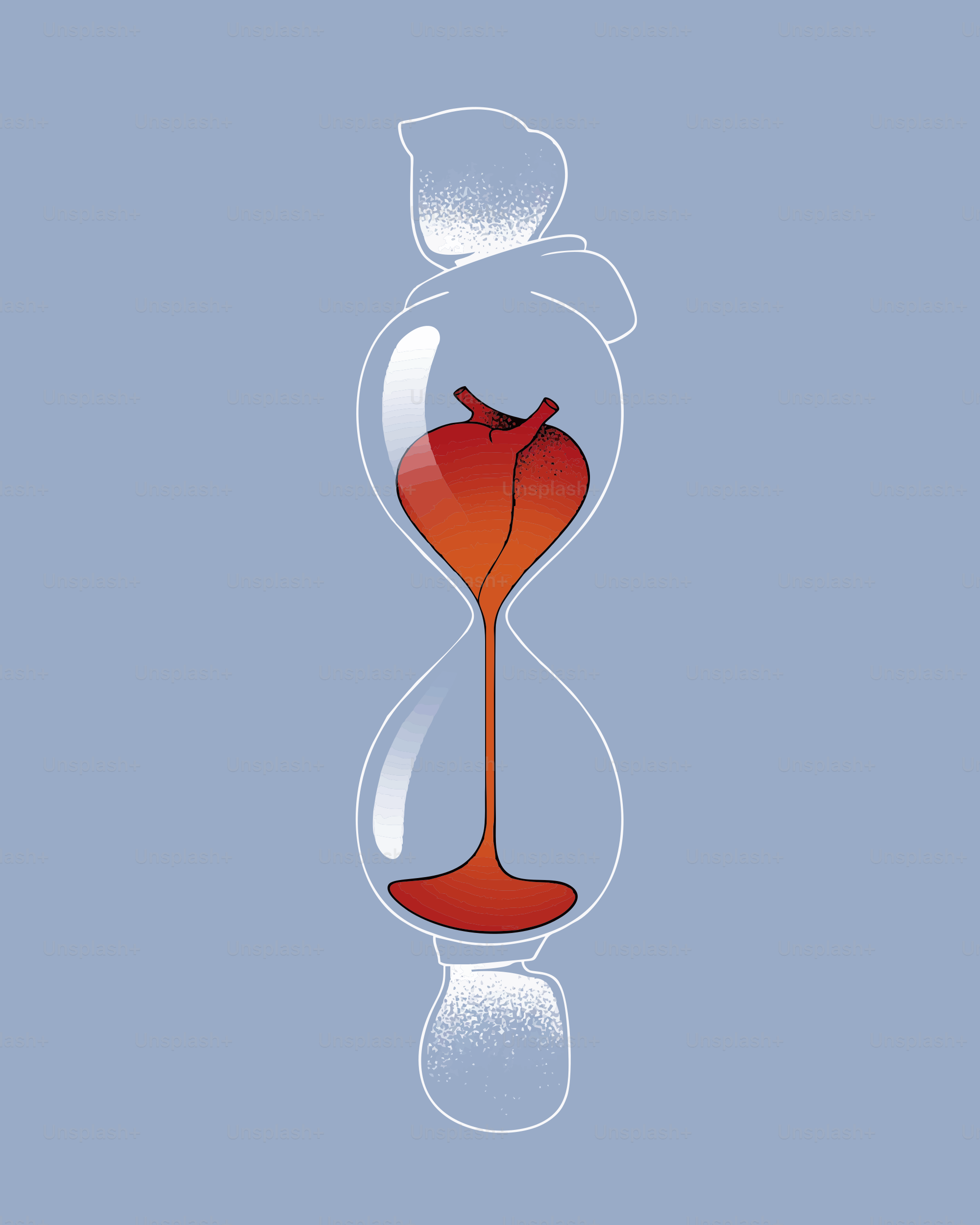 Hourglass with a heart-shaped center and flowing red liquid.