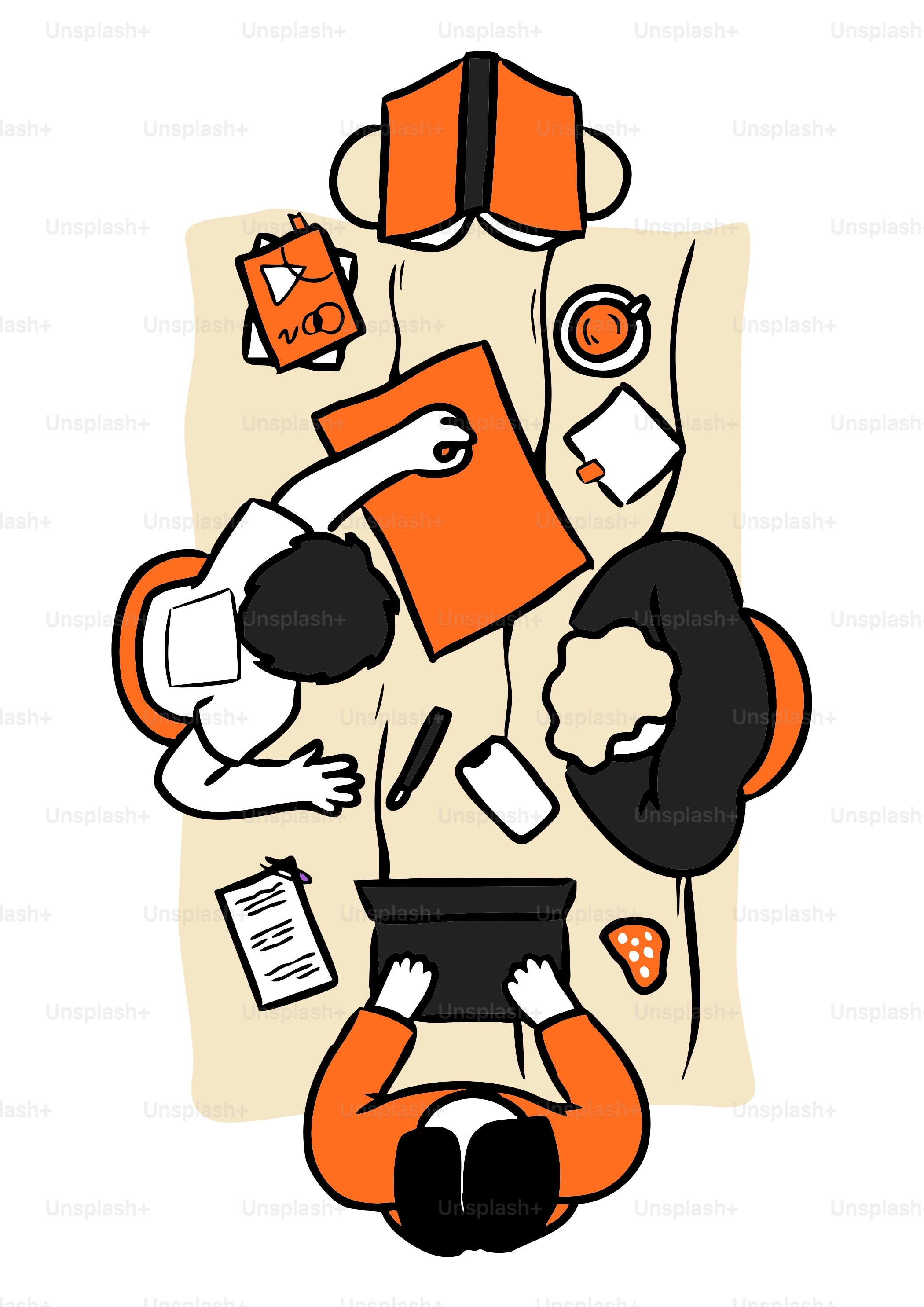 People gathered around a table with books and laptop.