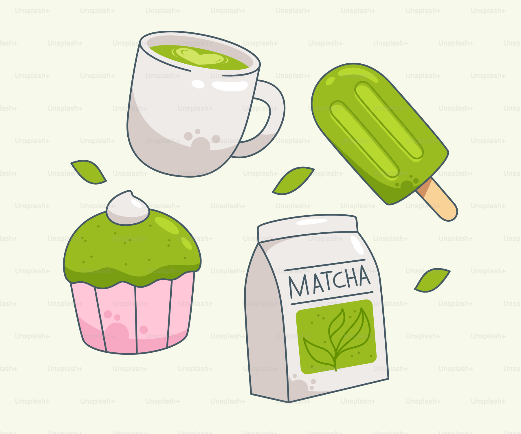 Petiscos de matcha incluindo uma bebida, cupcake, picolé e pó