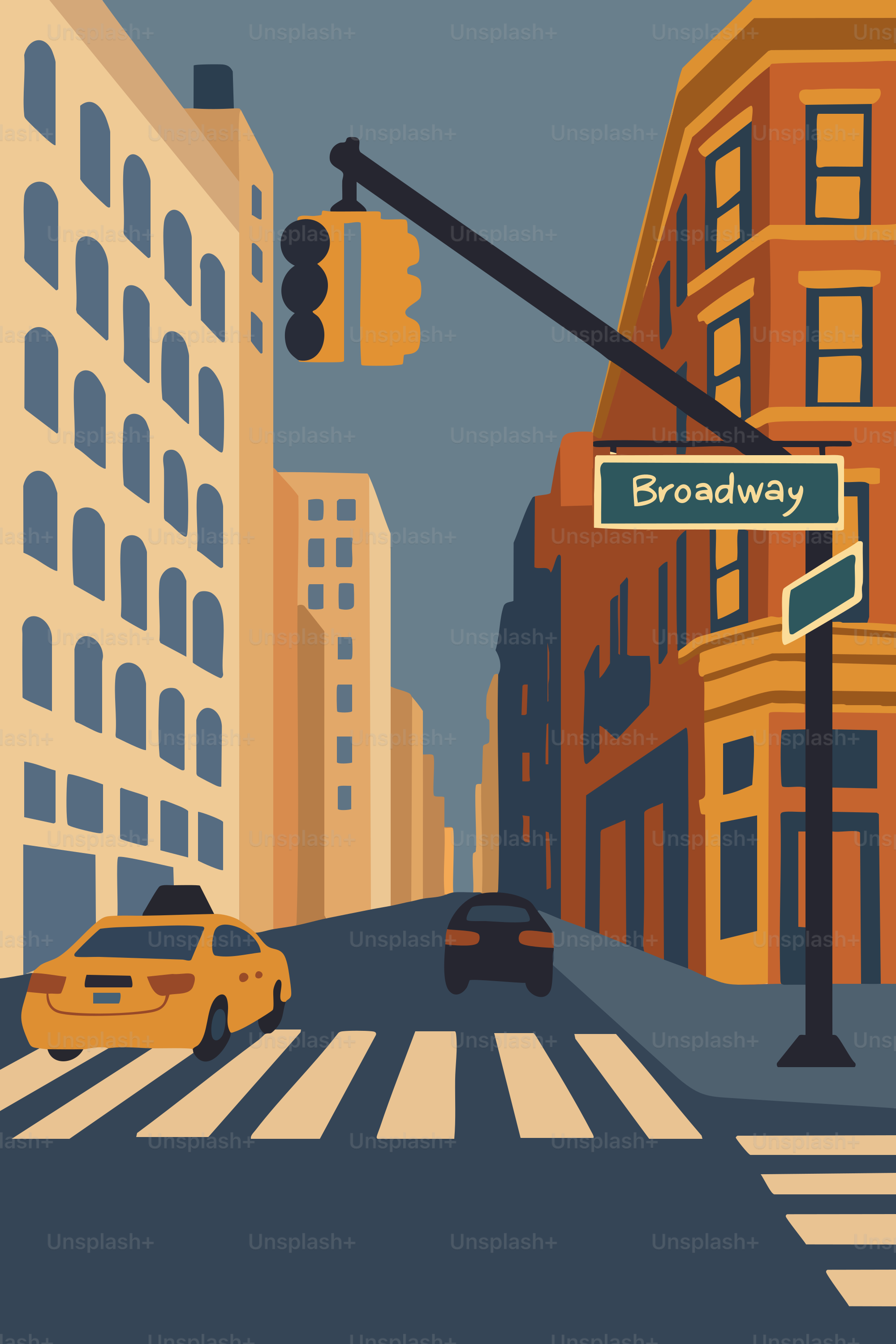 Yellow taxi on broadway street with buildings.