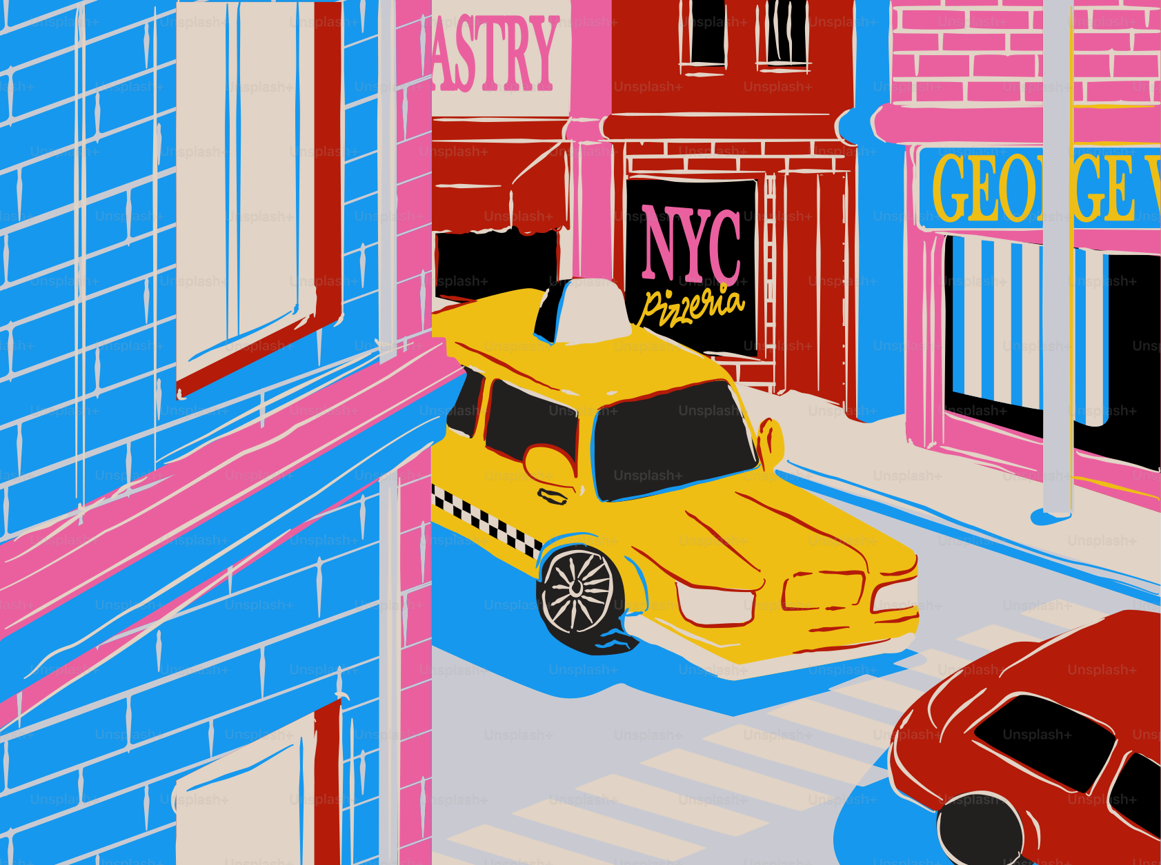 Yellow taxi drives down a colorful city street.