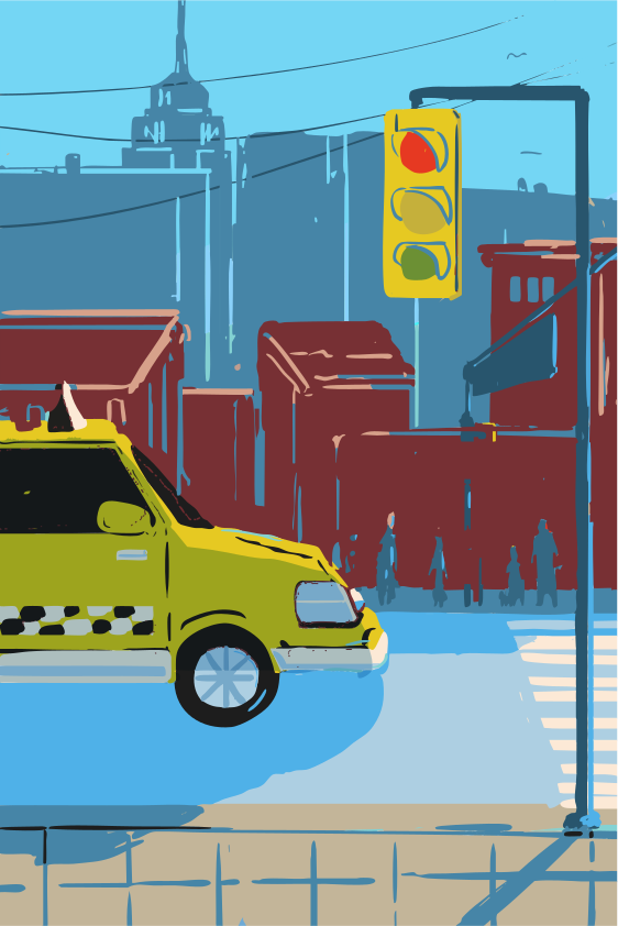 Taxi jaune à un carrefour de ville avec feu de circulation.