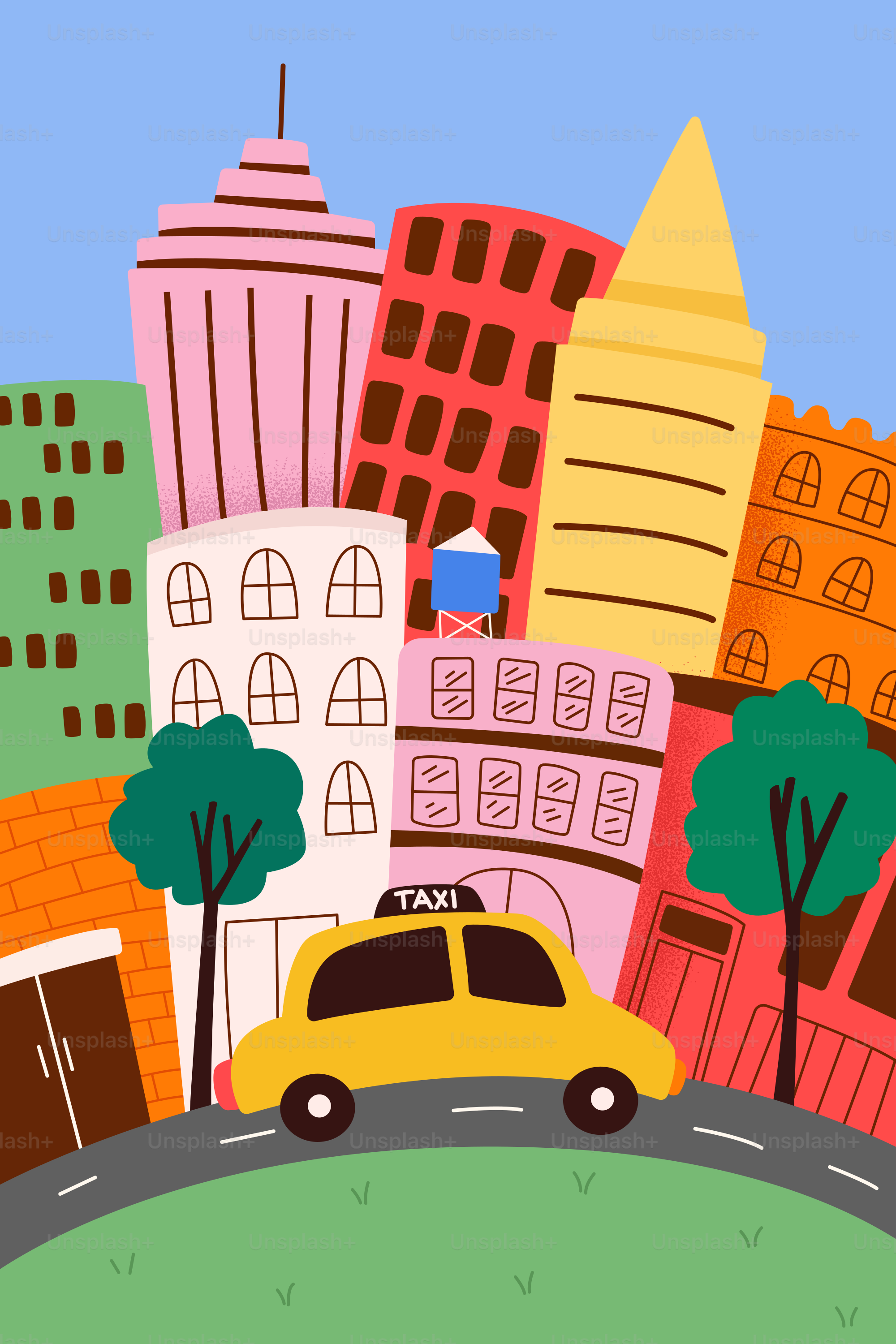 Un taxi jaune traverse une rue colorée de la ville.