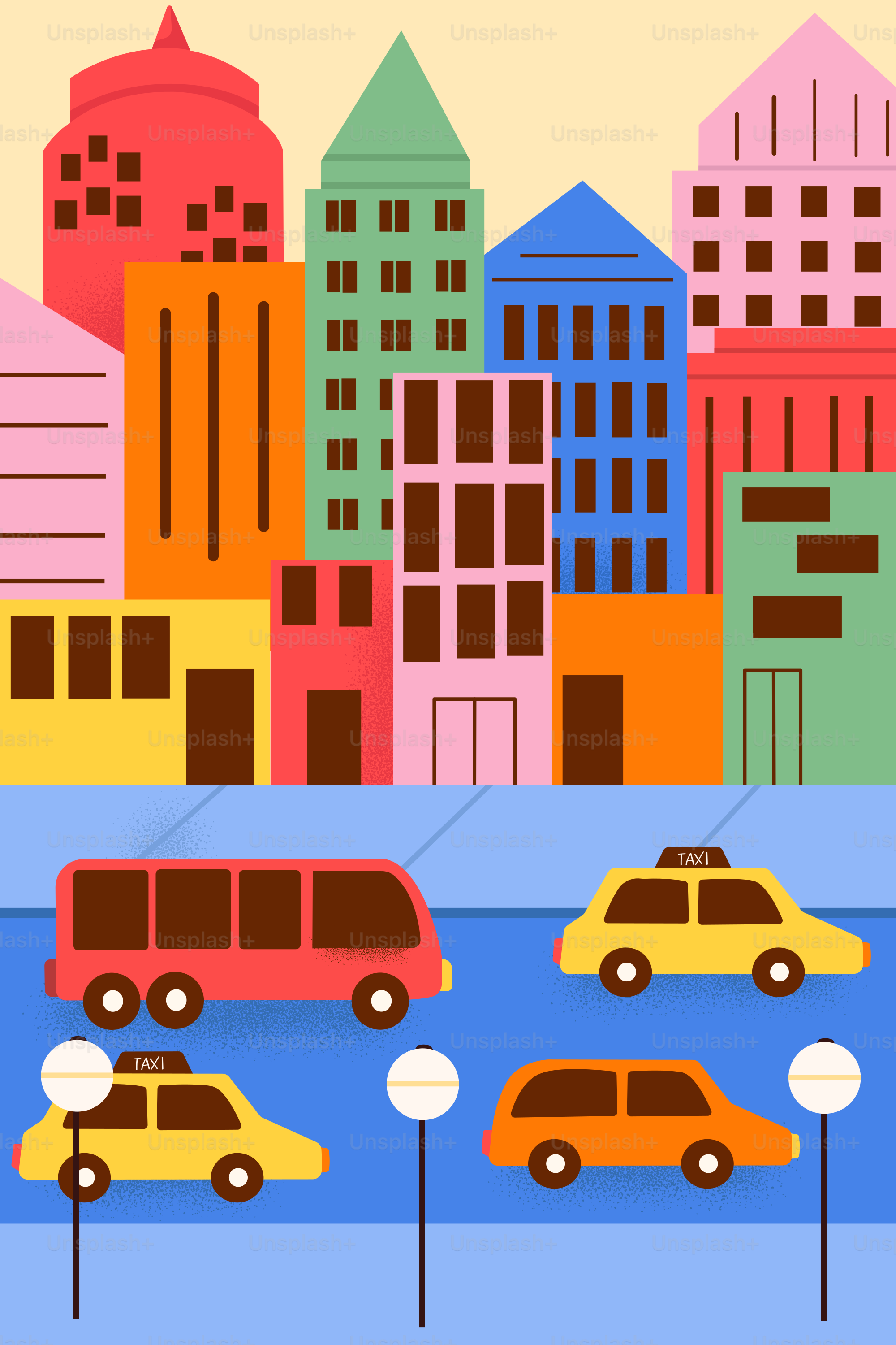 Silhouette colorée de la ville avec voitures et bus sur la route