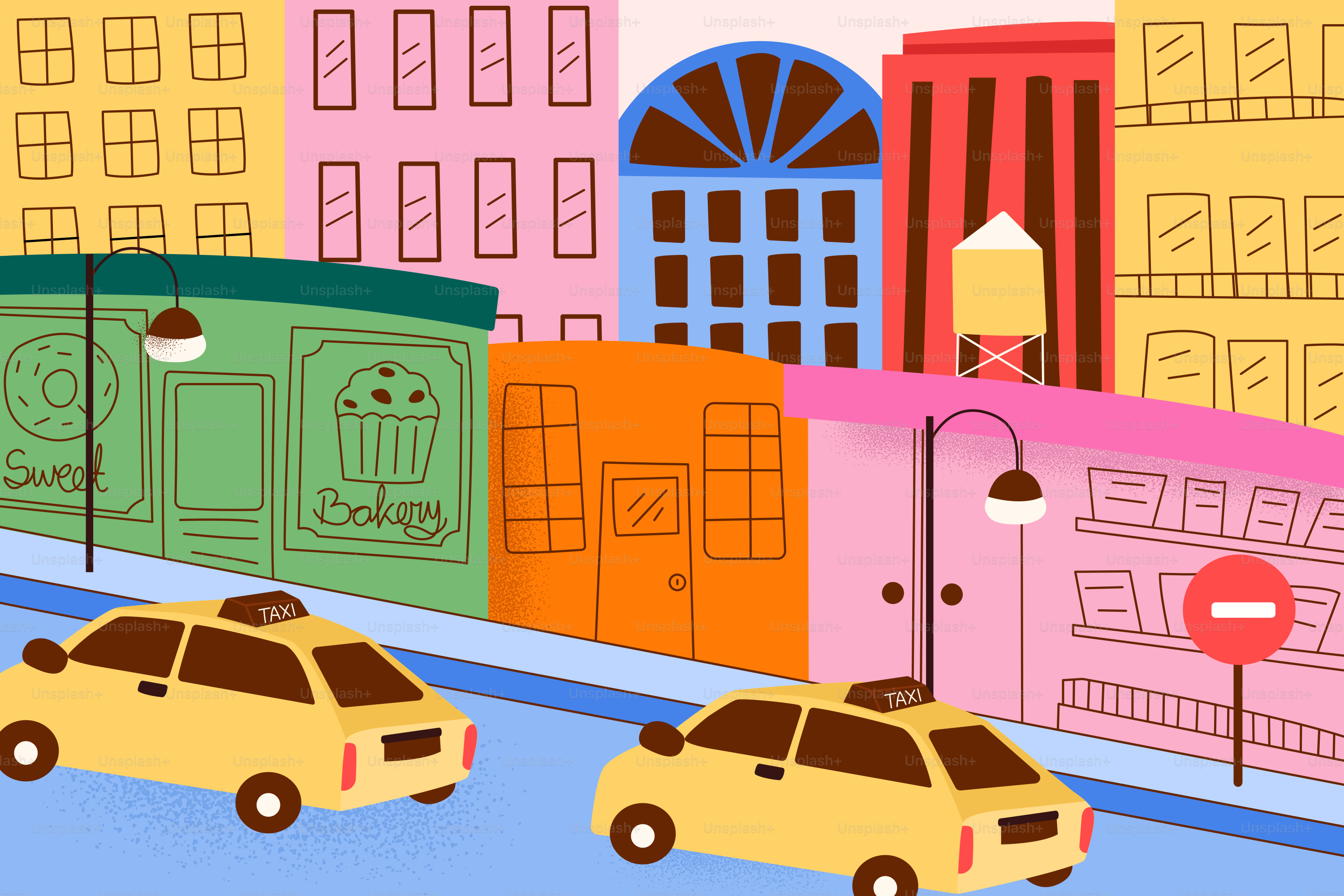 Yellow taxis drive down a colorful city street.