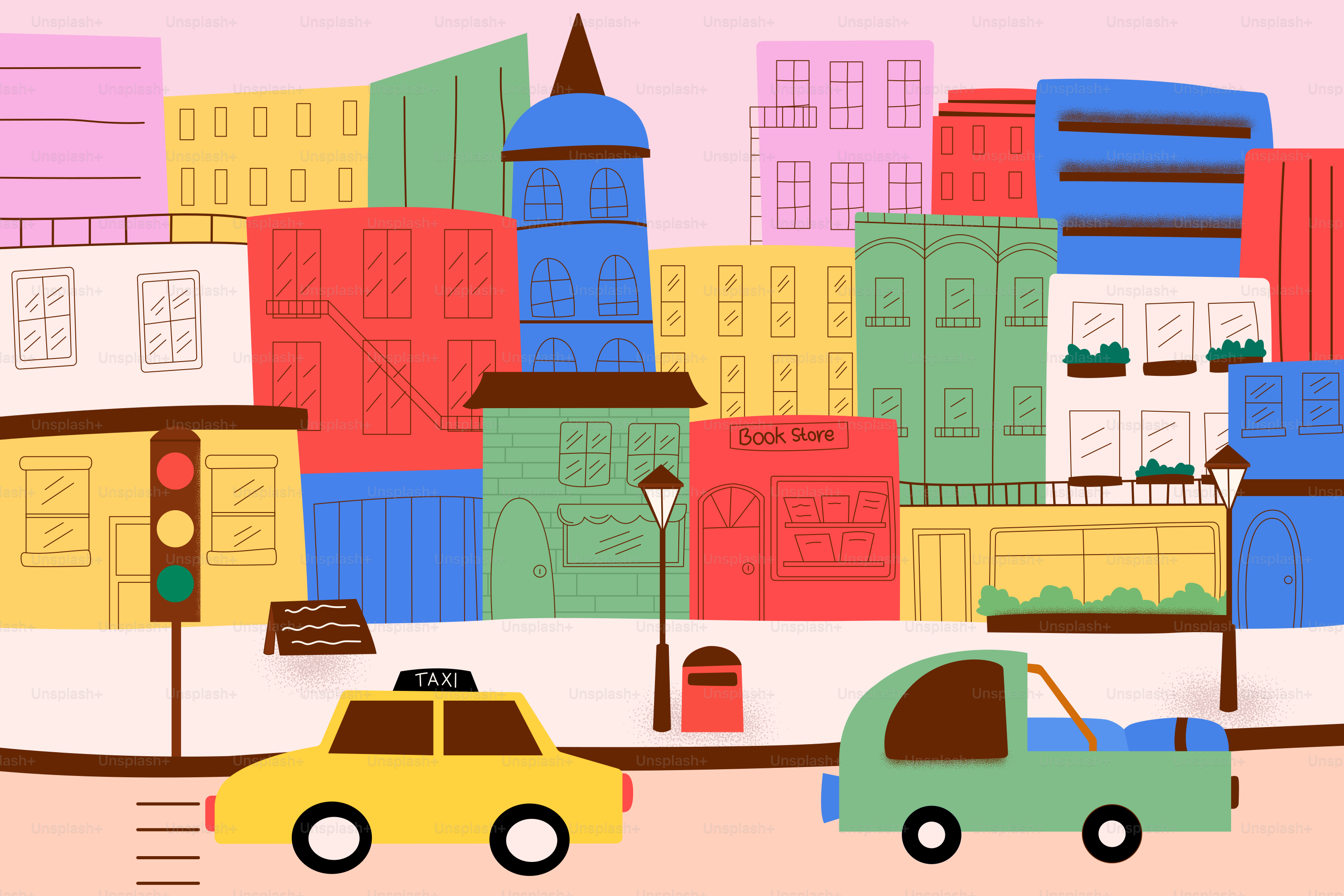 Colorful cartoon cityscape with cars and buildings