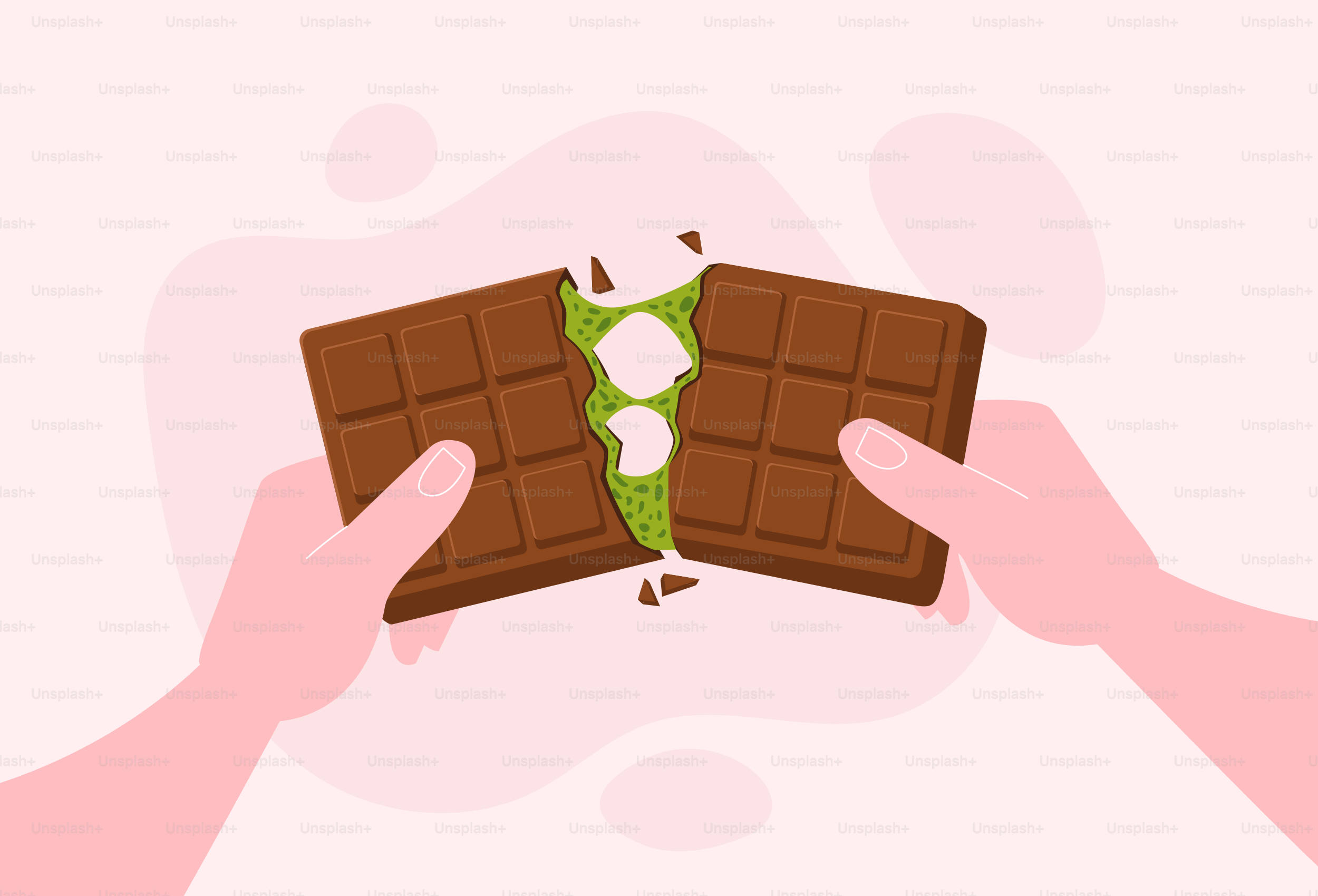 Mãos quebrando uma barra de chocolate com recheio verde.