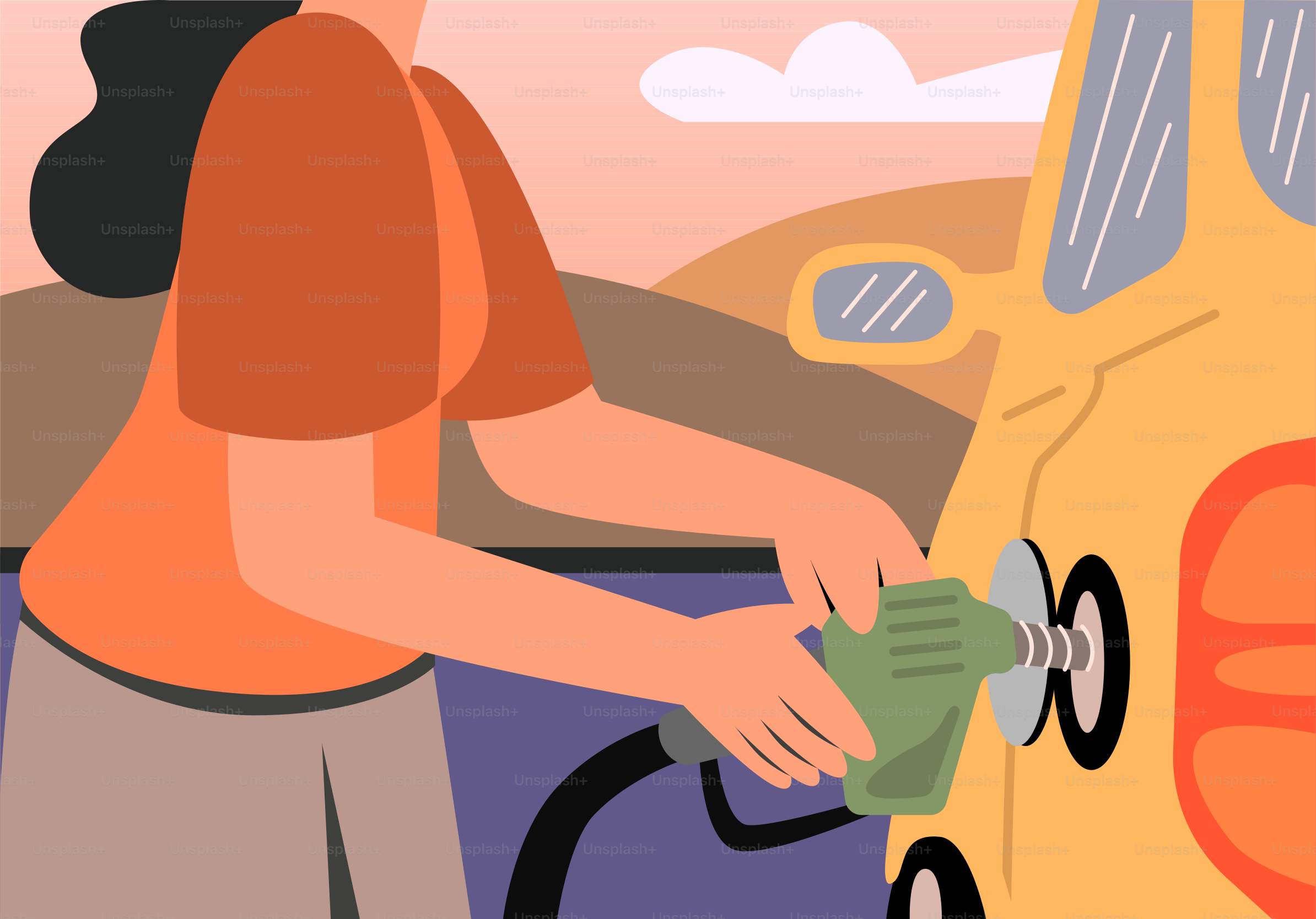 Person fueling a yellow car at a gas station.