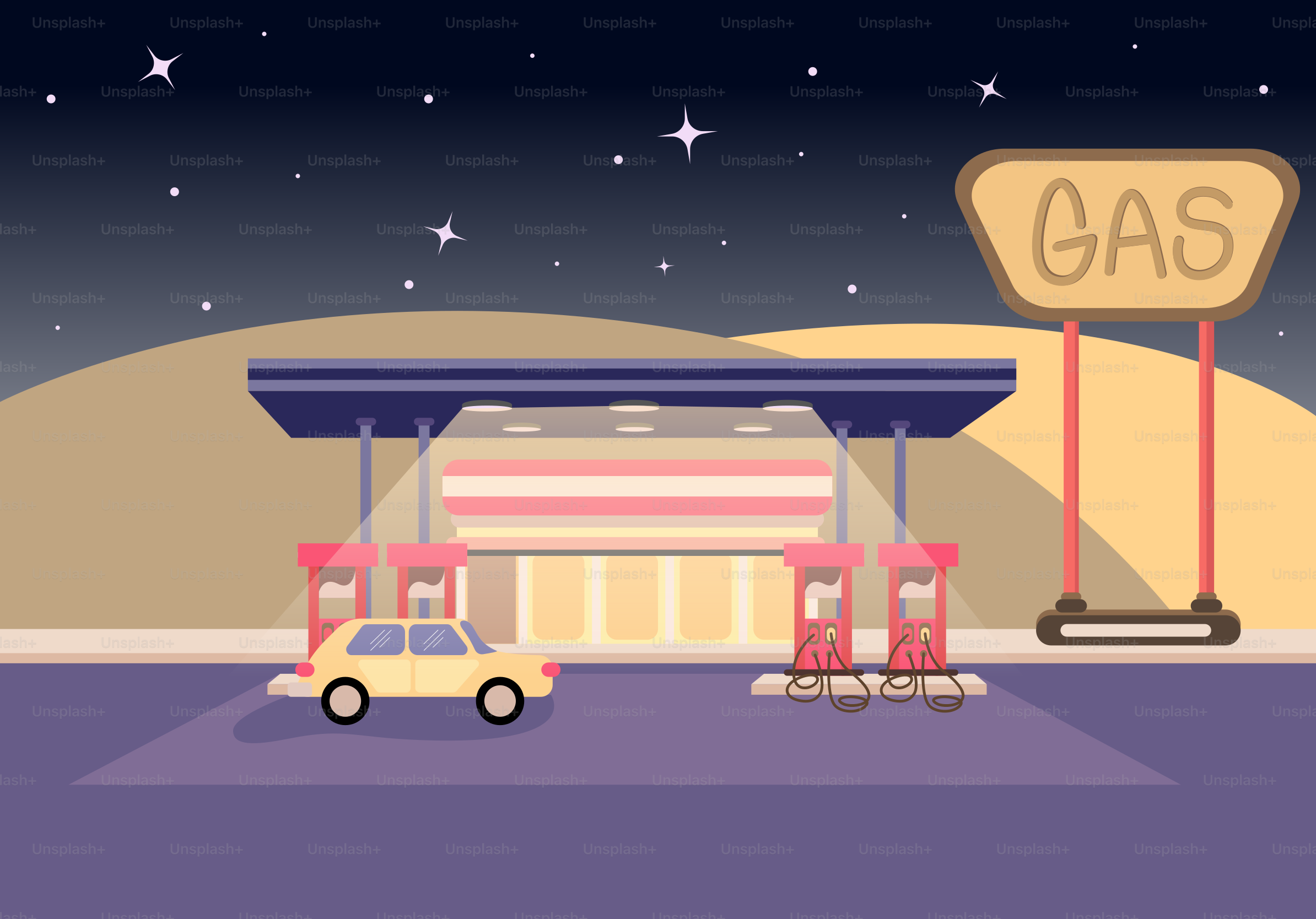 Gas station at night with a car.