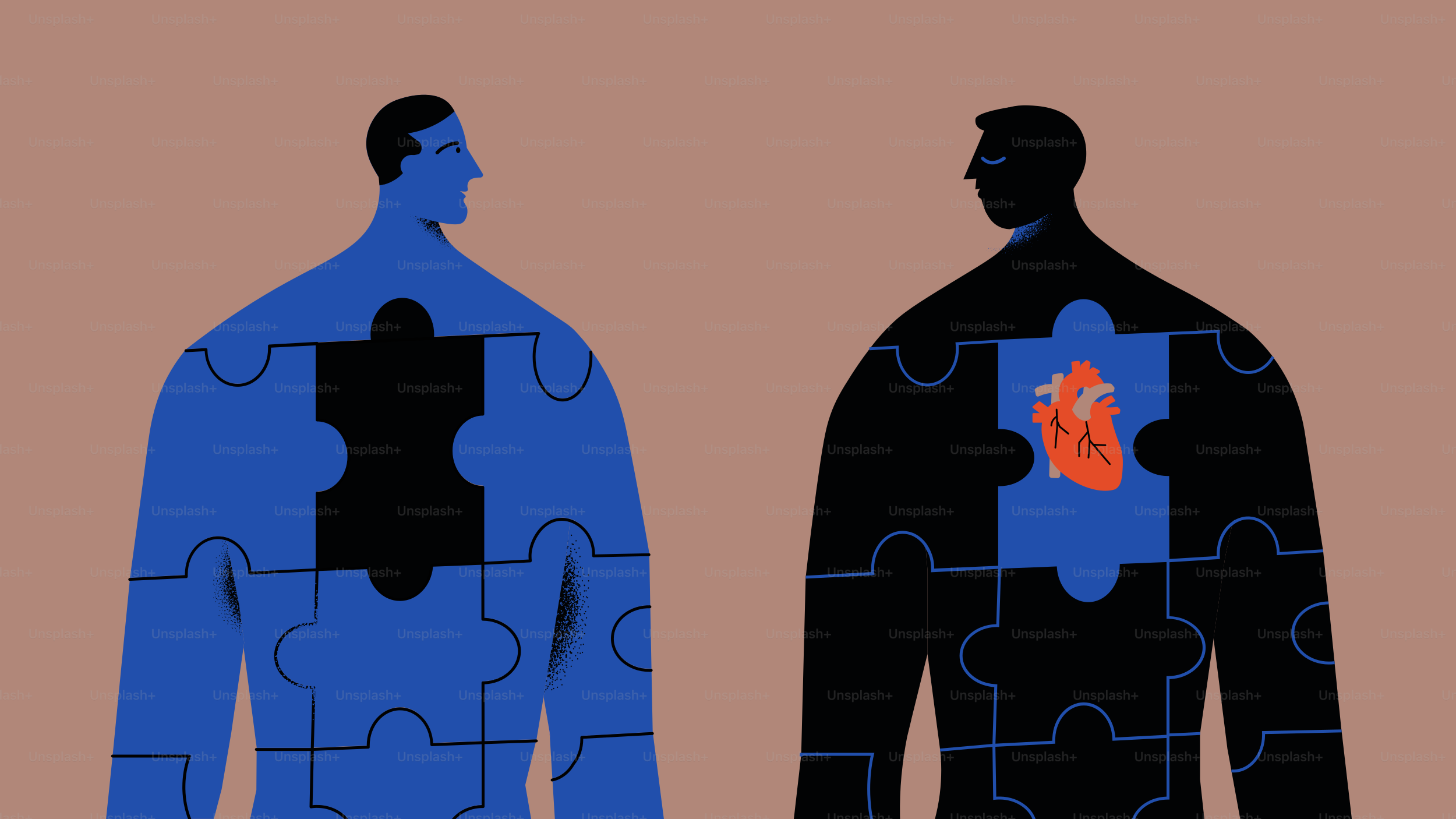 Two figures with puzzle piece bodies, one missing heart.