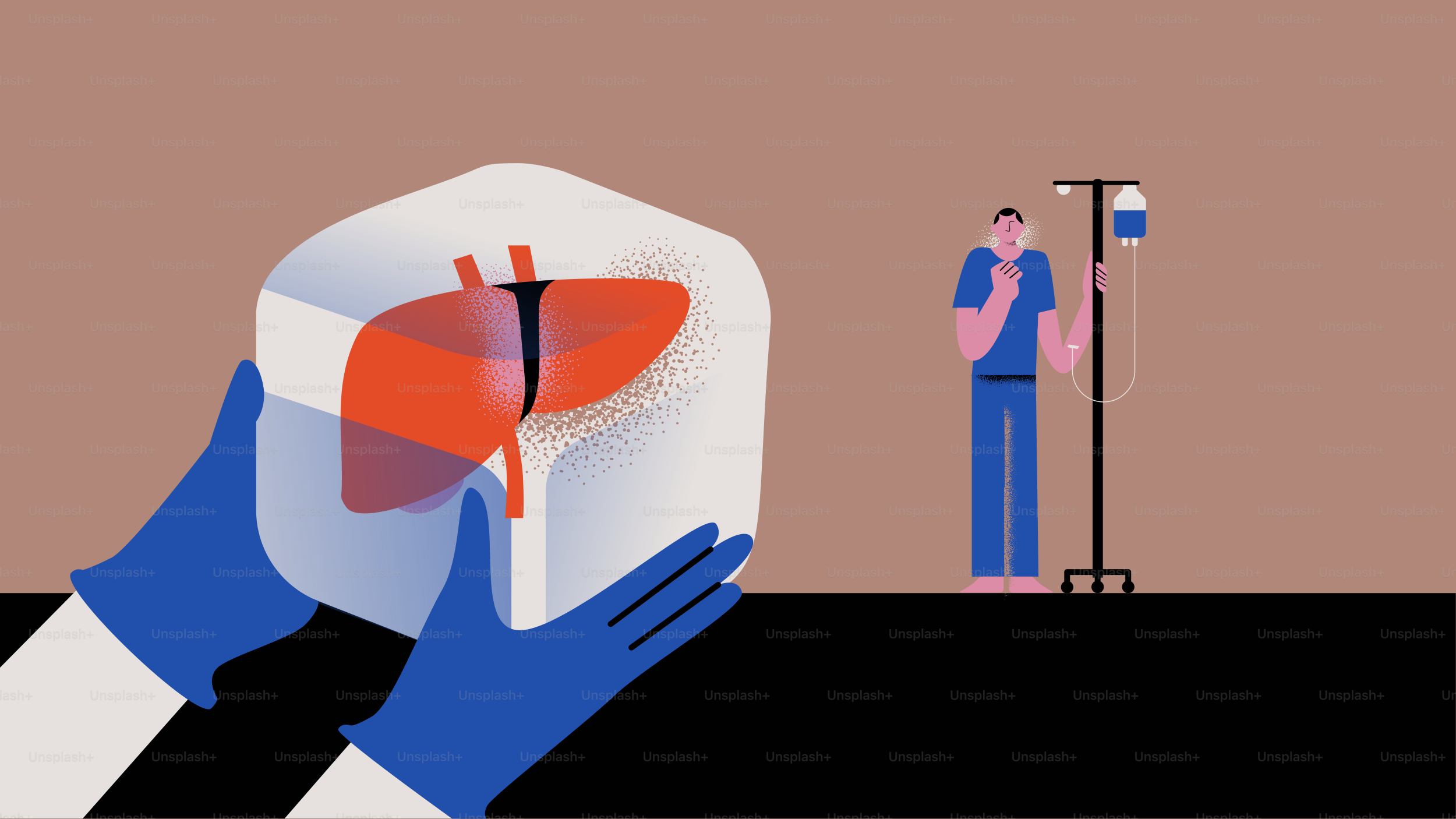 Hands hold a glowing liver organ in a sterile cube.