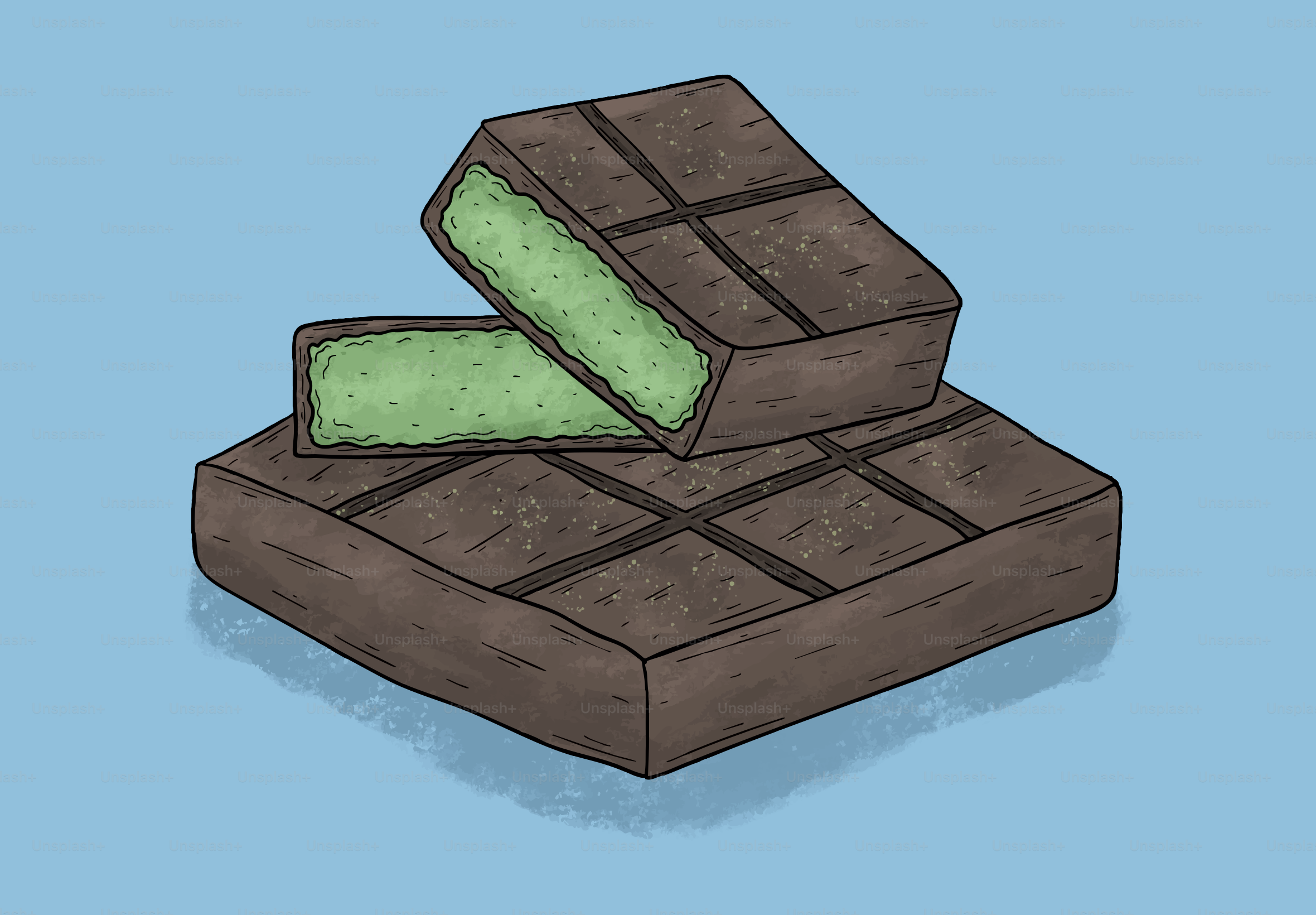 Two chocolate bars with green filling on blue background