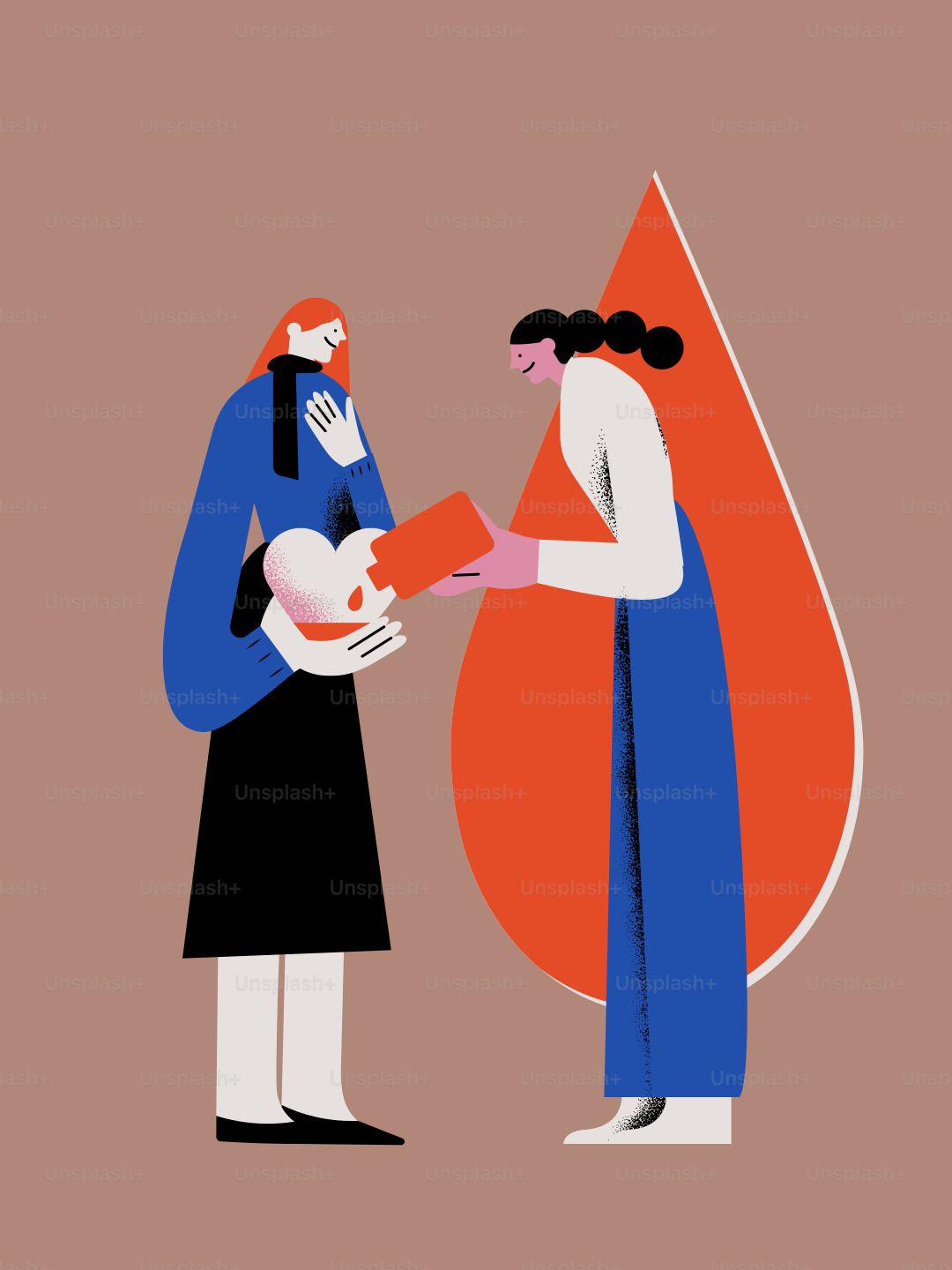 Two women sharing a heart with blood.