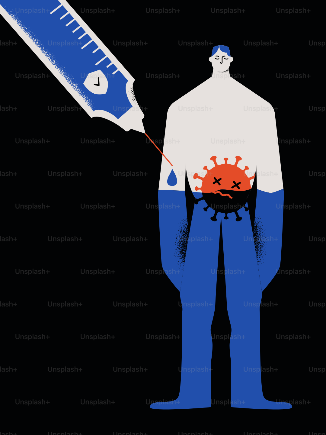 Syringe injecting liquid into person with virus symbol.
