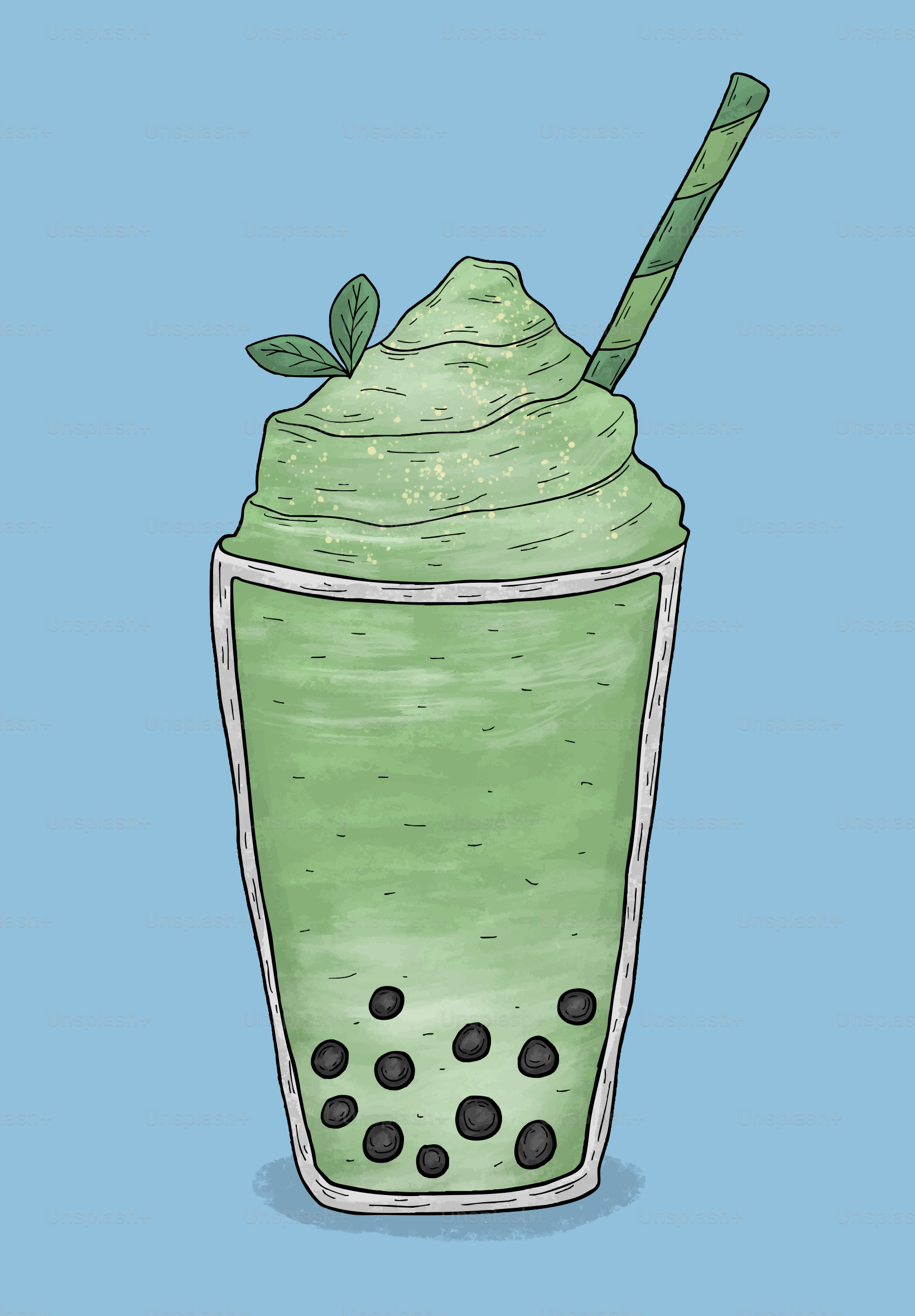 Green smoothie with tapioca pearls and straw.