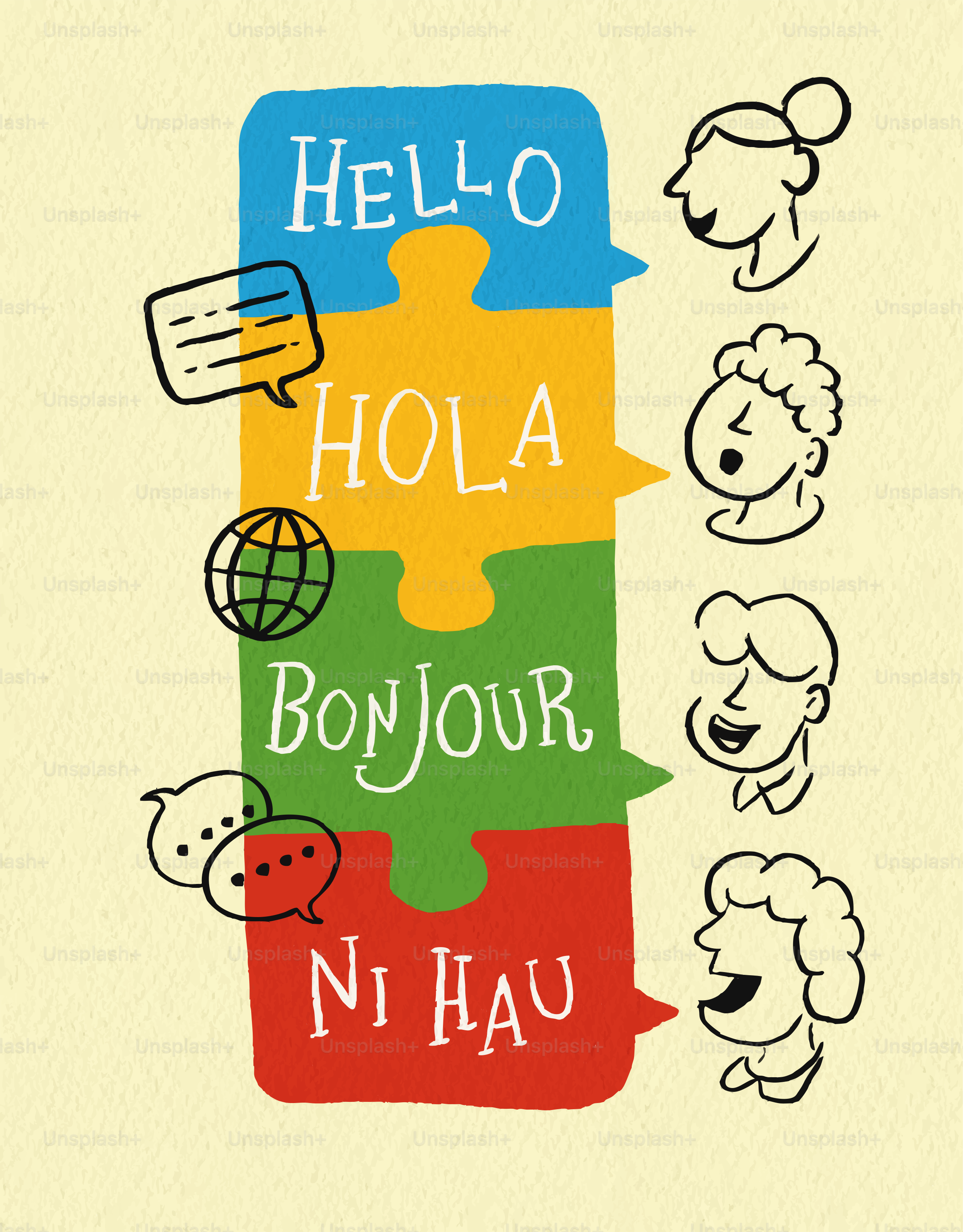 Puzzleteile mit Grüßen in verschiedenen Sprachen und Menschen.