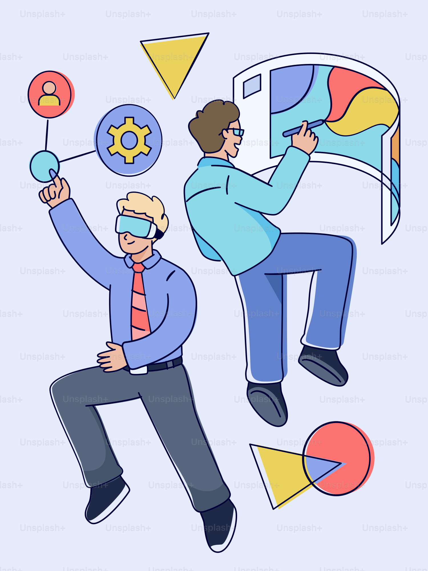 Two men interacting with virtual reality interfaces. vector ...
