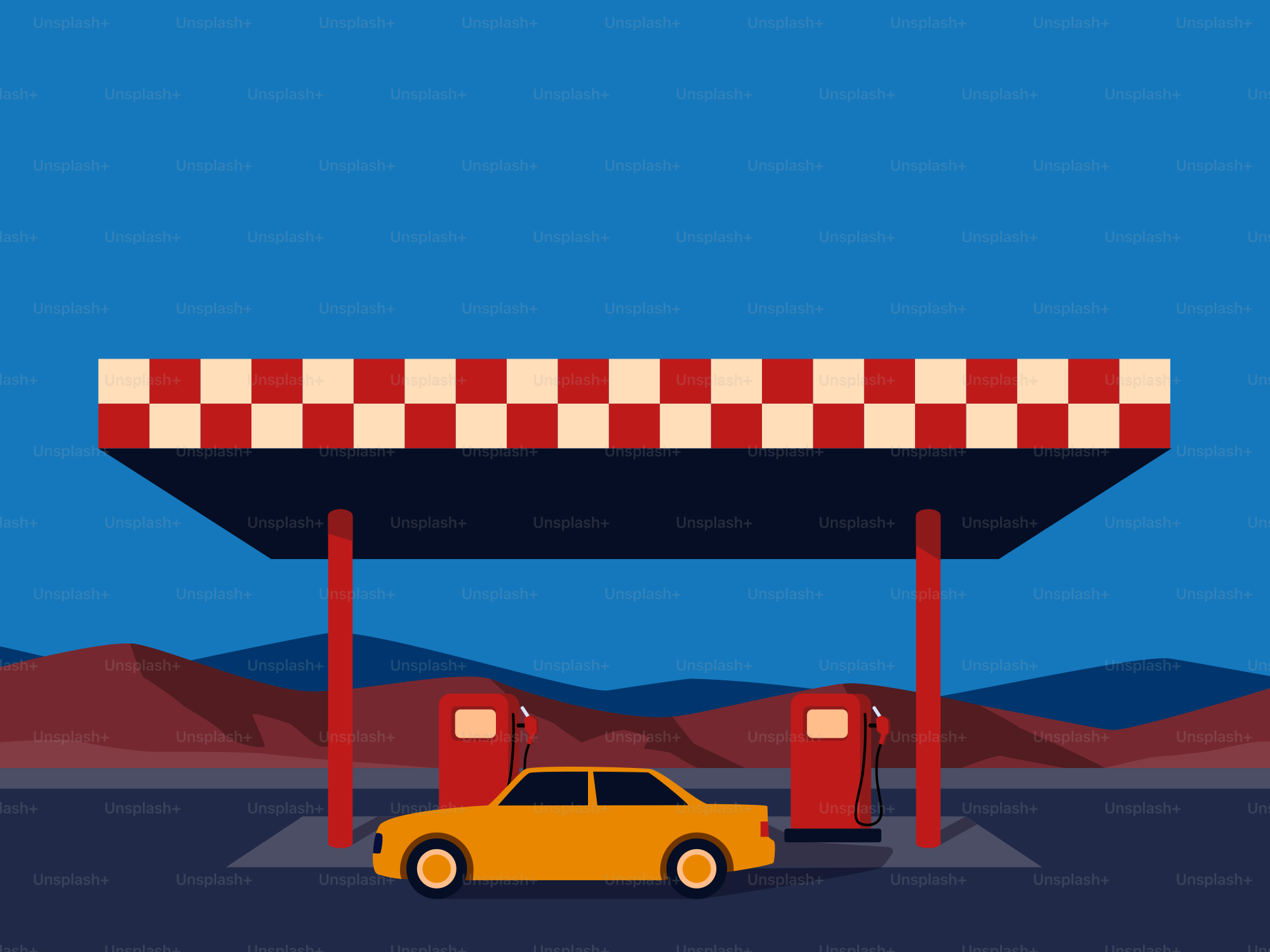 Yellow car at a retro gas station under checkered awning.