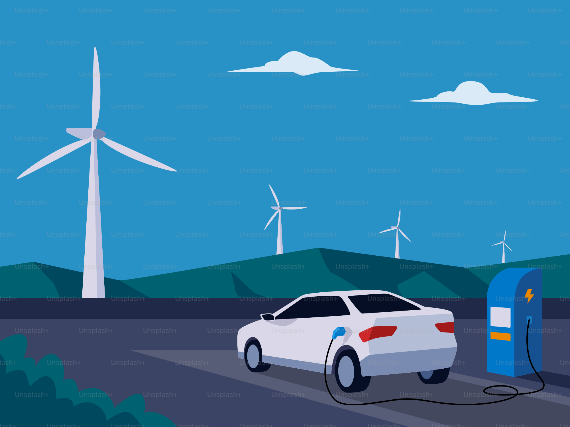 Electric car charging near wind turbines at dusk.