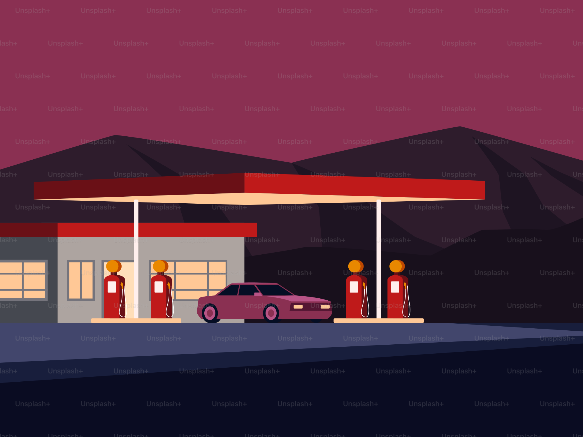 Tankstelle mit Auto unter violettem Dämmerungshimmel