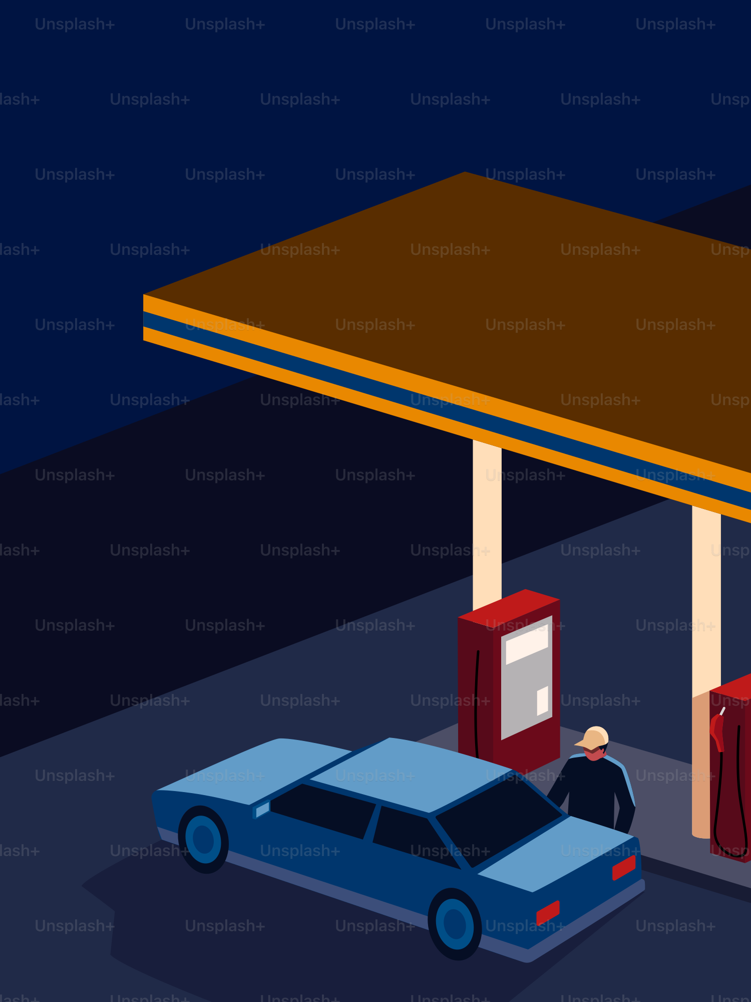Man at gas station with blue car at night