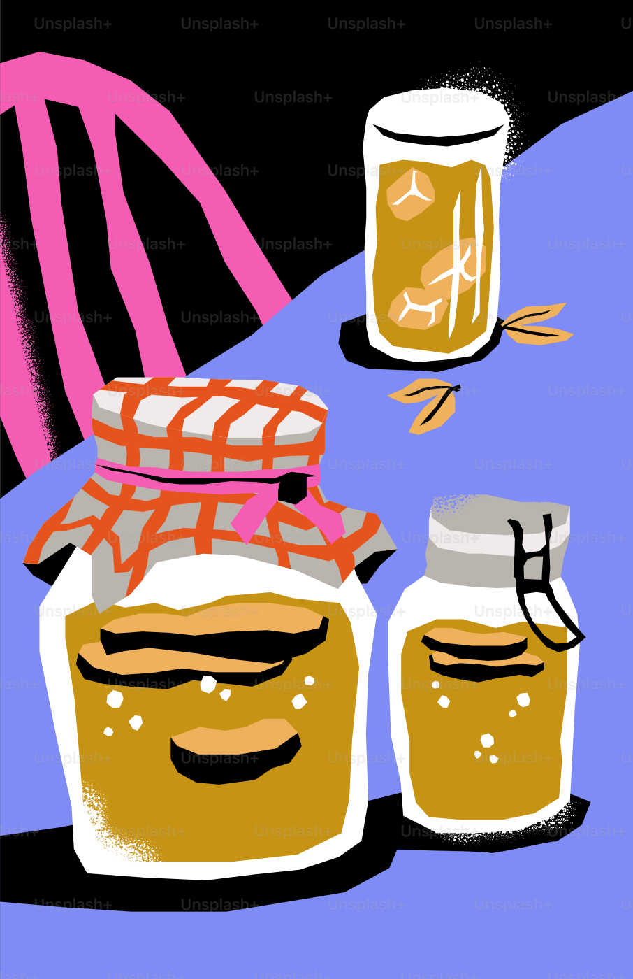 Tarros de comida y vasos de bebida sobre la mesa.