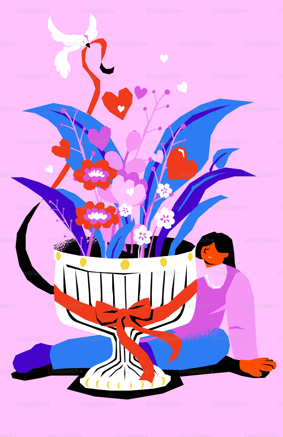 Donna con un grande mazzo di fiori e un vaso decorativo