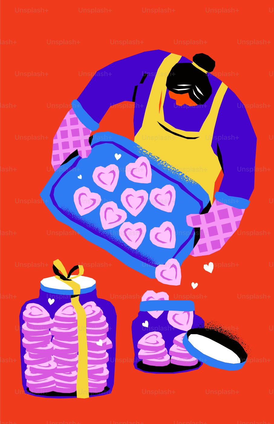 Person baking heart-shaped cookies into jars