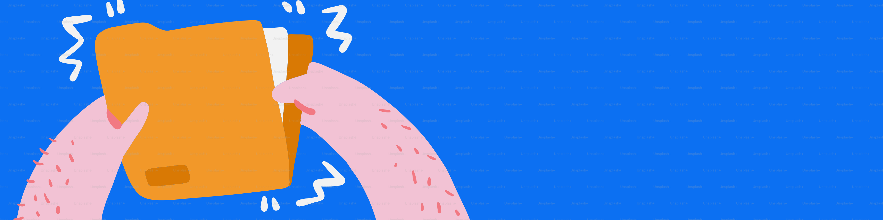 Pink arms hold an orange folder on blue