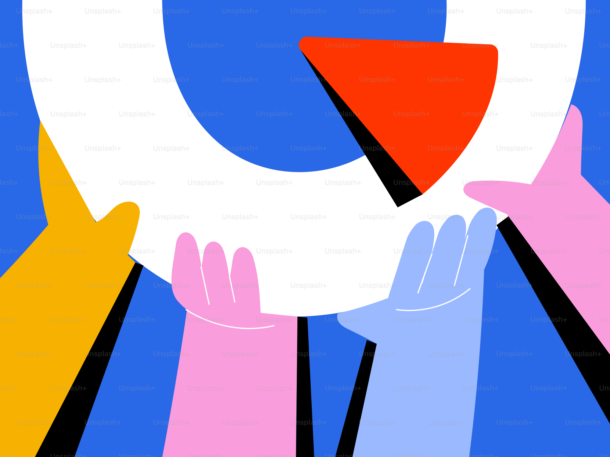 Colorful hands holding a white circle with red triangle.