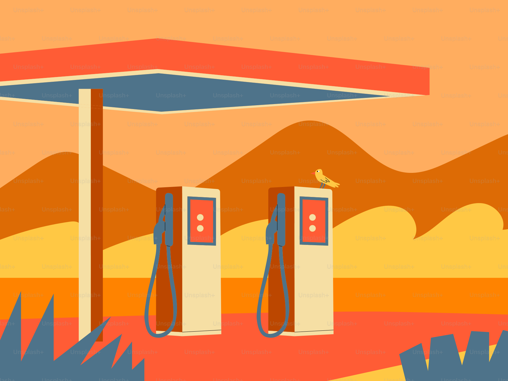 Pompes à essence sous un auvent avec fond de collines