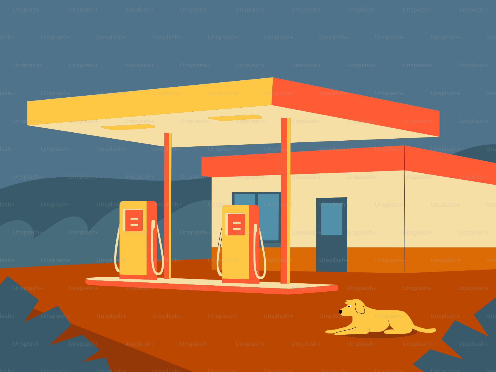 Gas station with a dog resting outside.