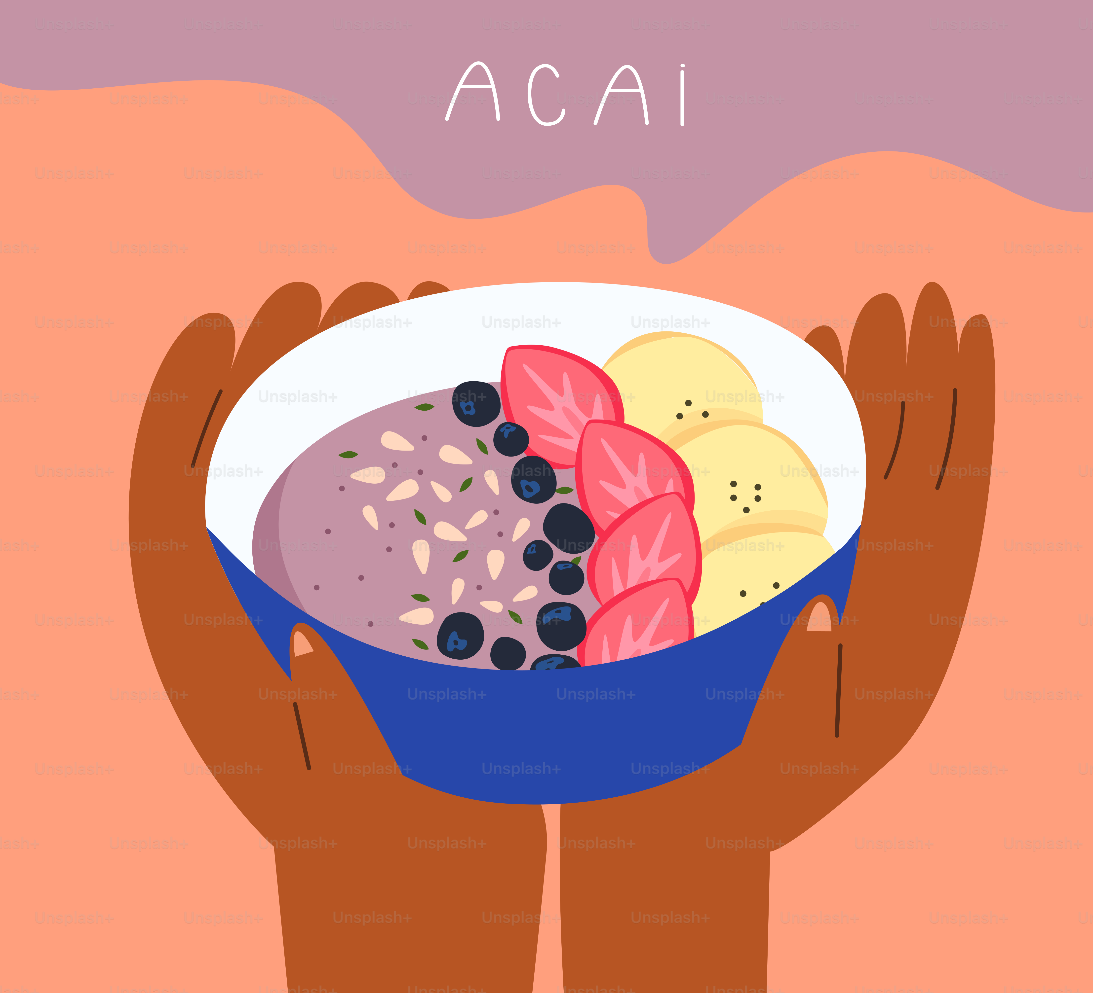 Mani che tengono una ciotola di acai con condimenti di frutta