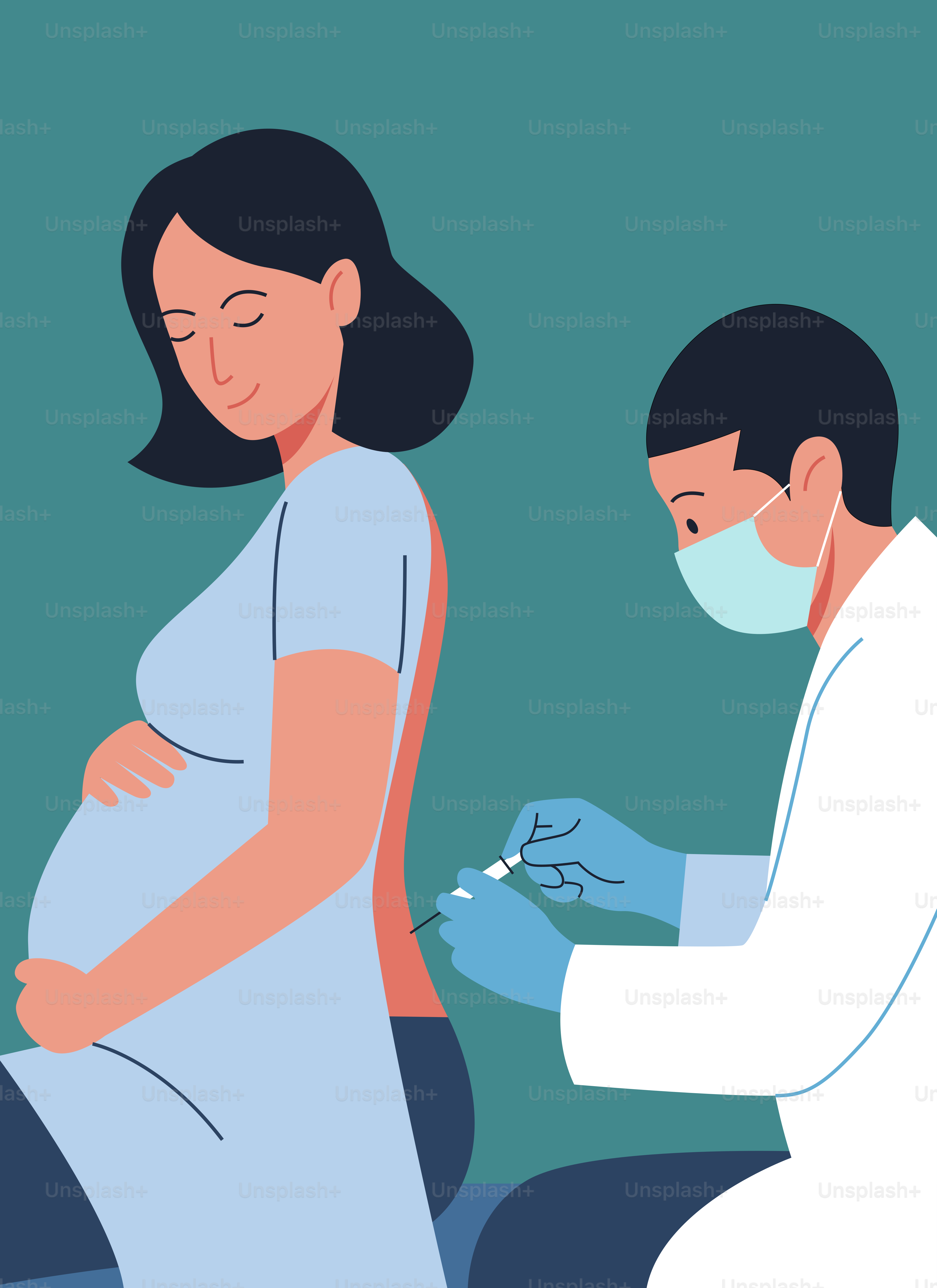 Pregnant woman receiving injection from masked doctor.