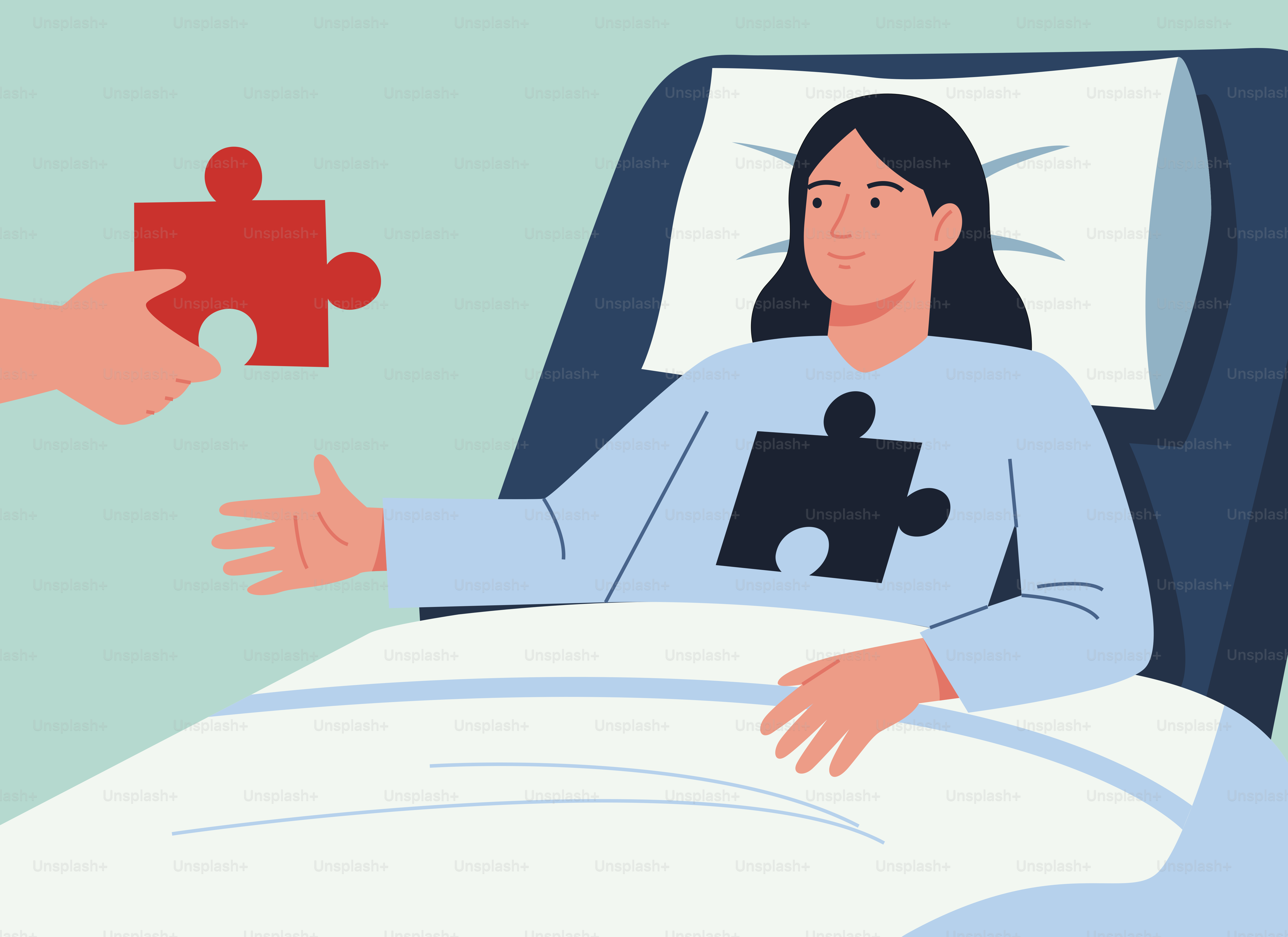 Woman in hospital bed receives puzzle piece