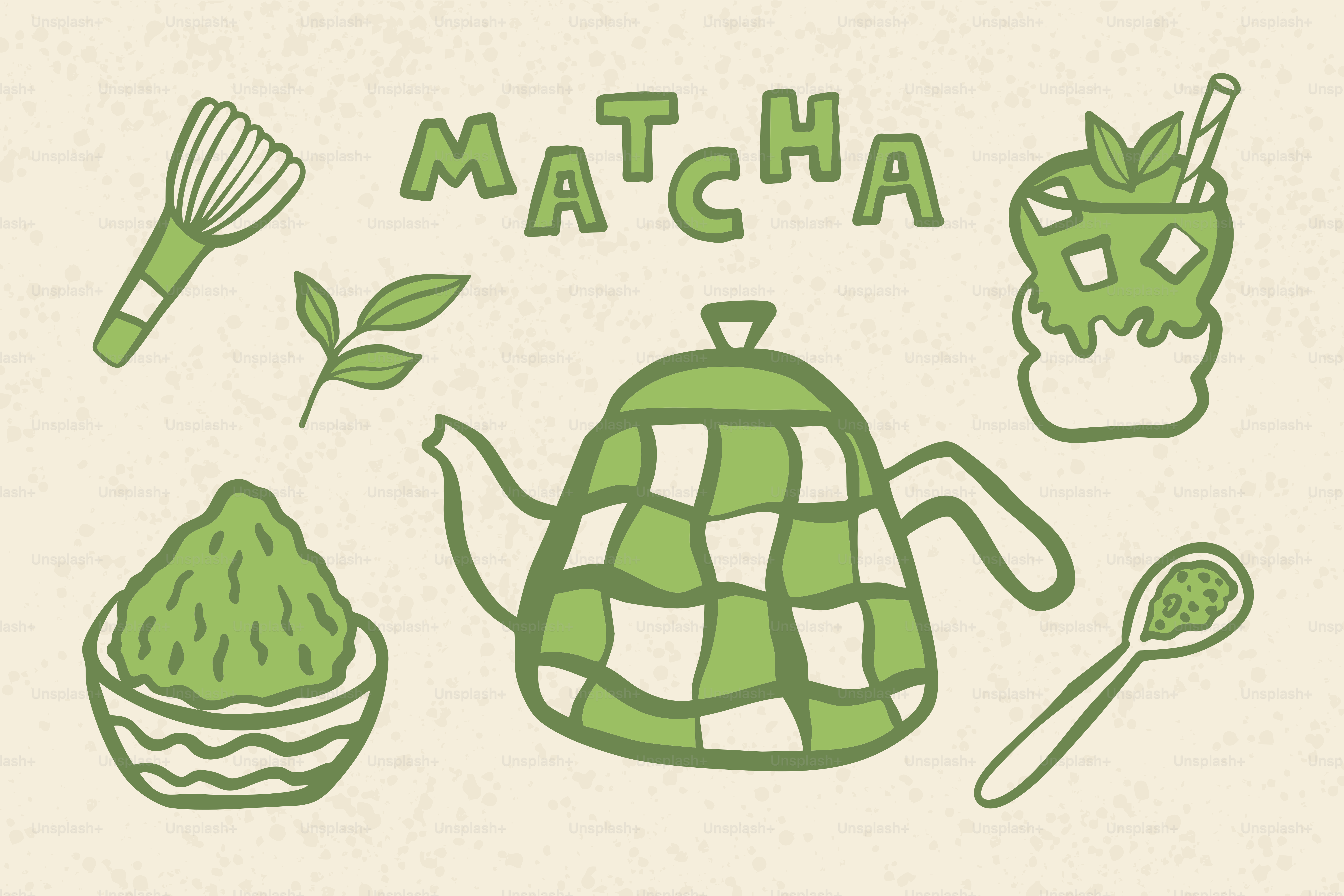Matcha tea set and ingredients illustration