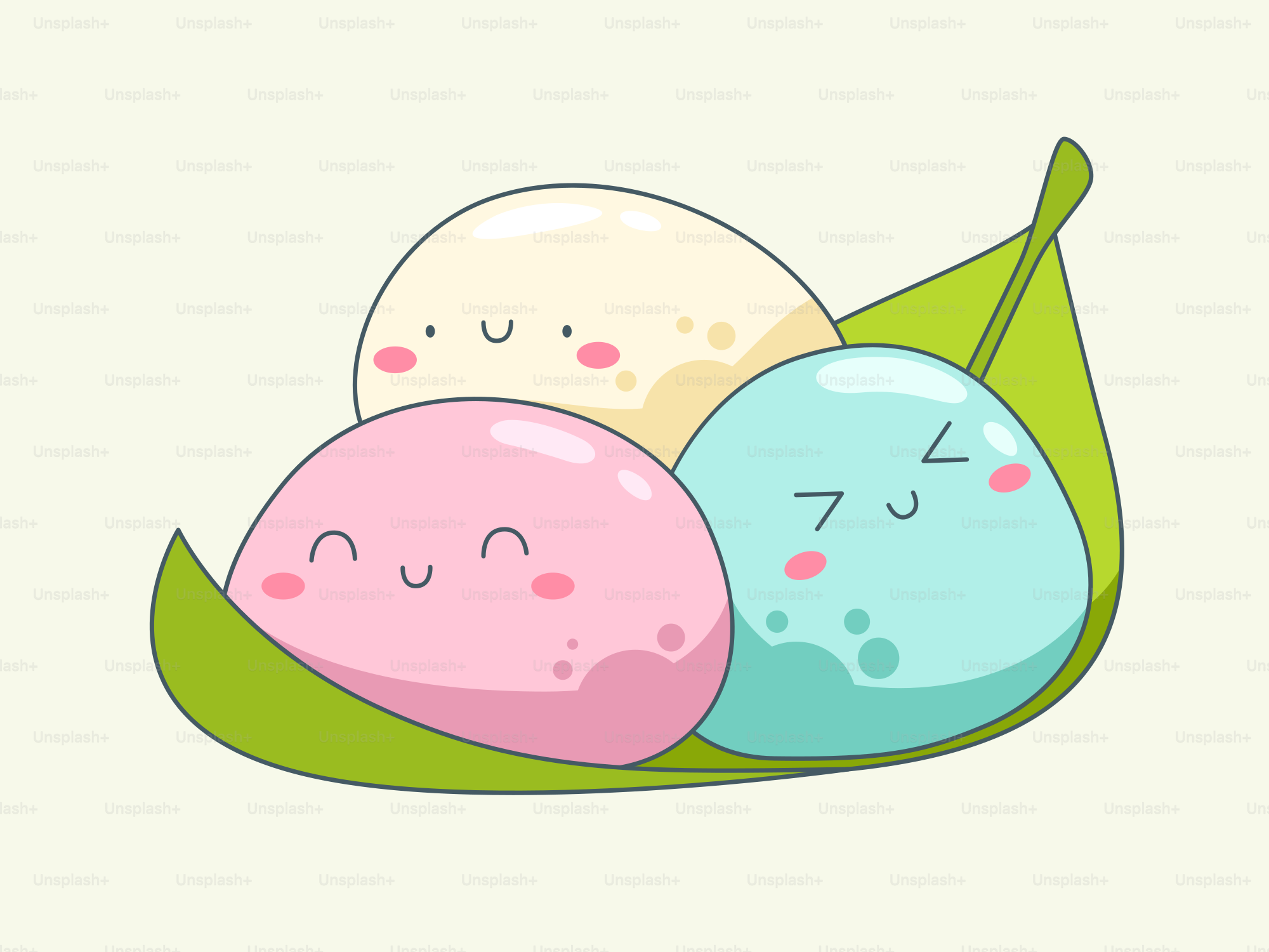 Três mochi fofos em uma folha verde.