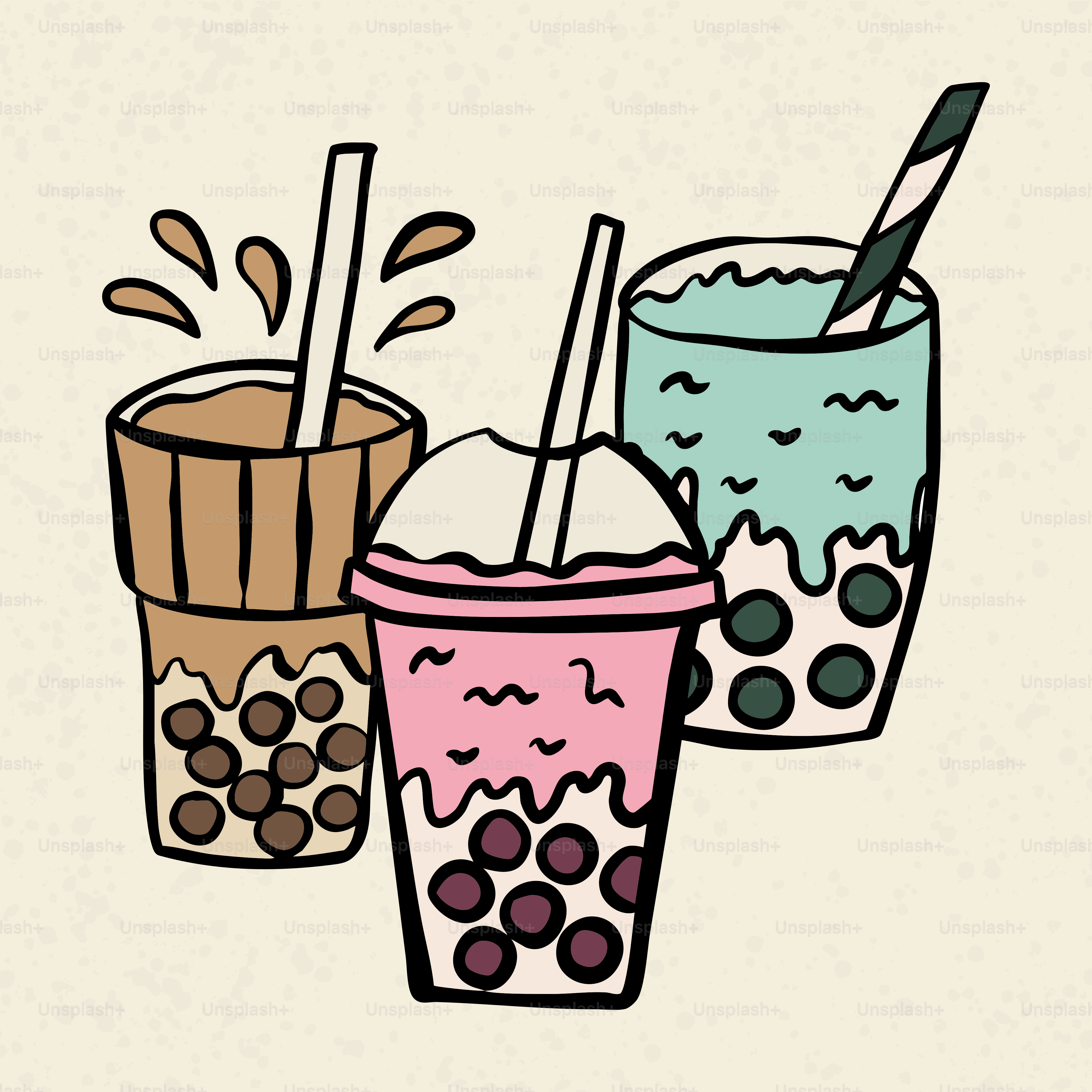 Three colorful bubble tea drinks with straws