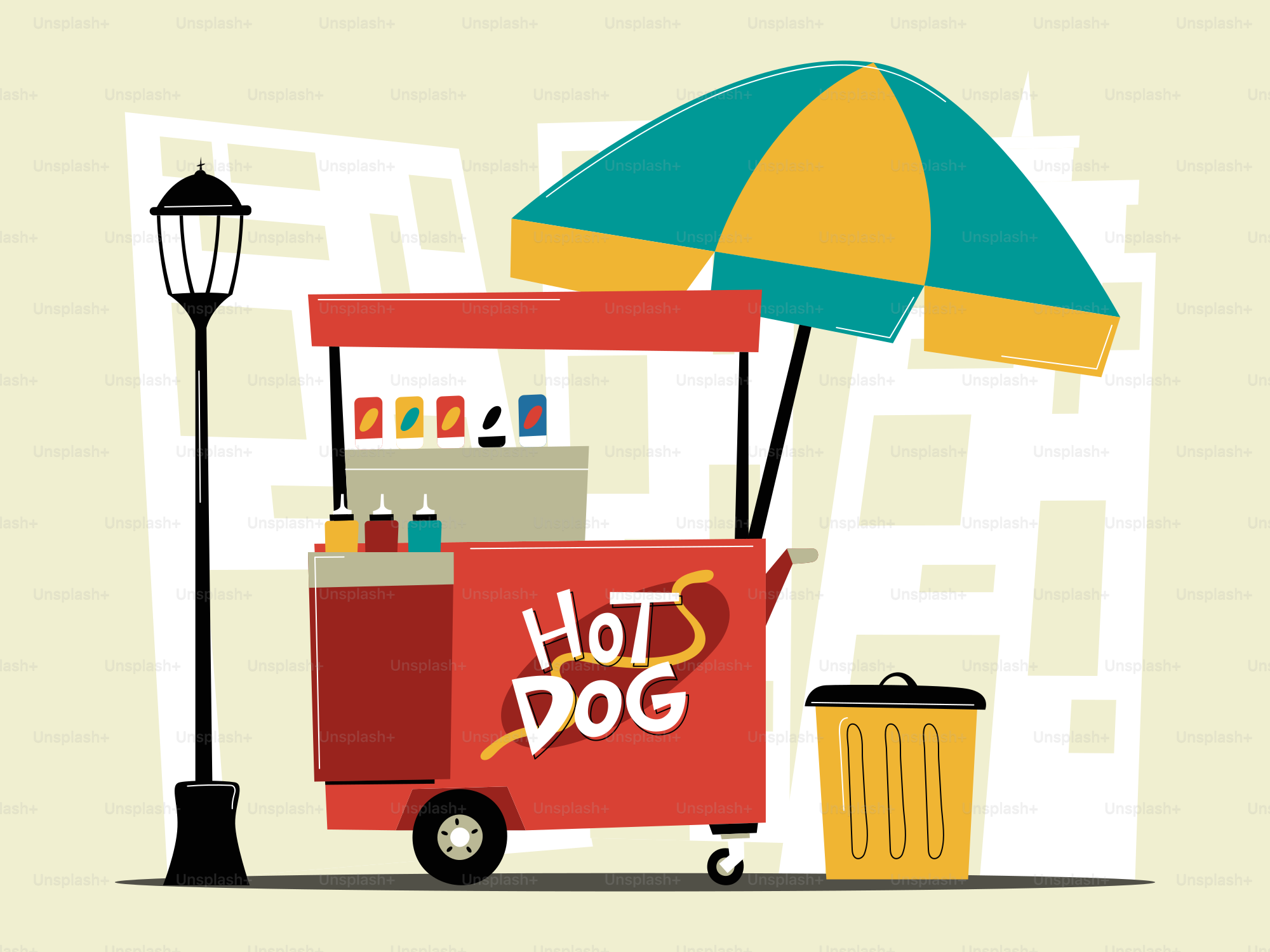 A red hot dog cart with umbrella on street.