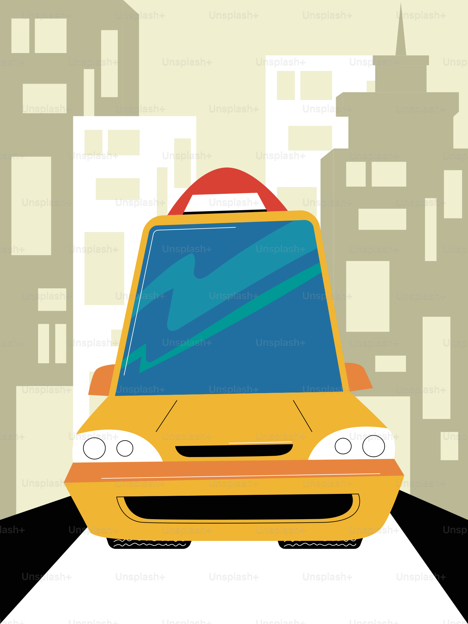 Yellow taxi driving through city buildings