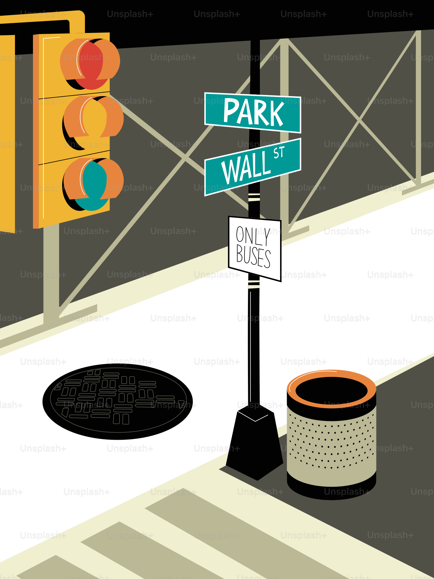 Coin de rue avec feu de circulation, panneaux de signalisation et poubelle.