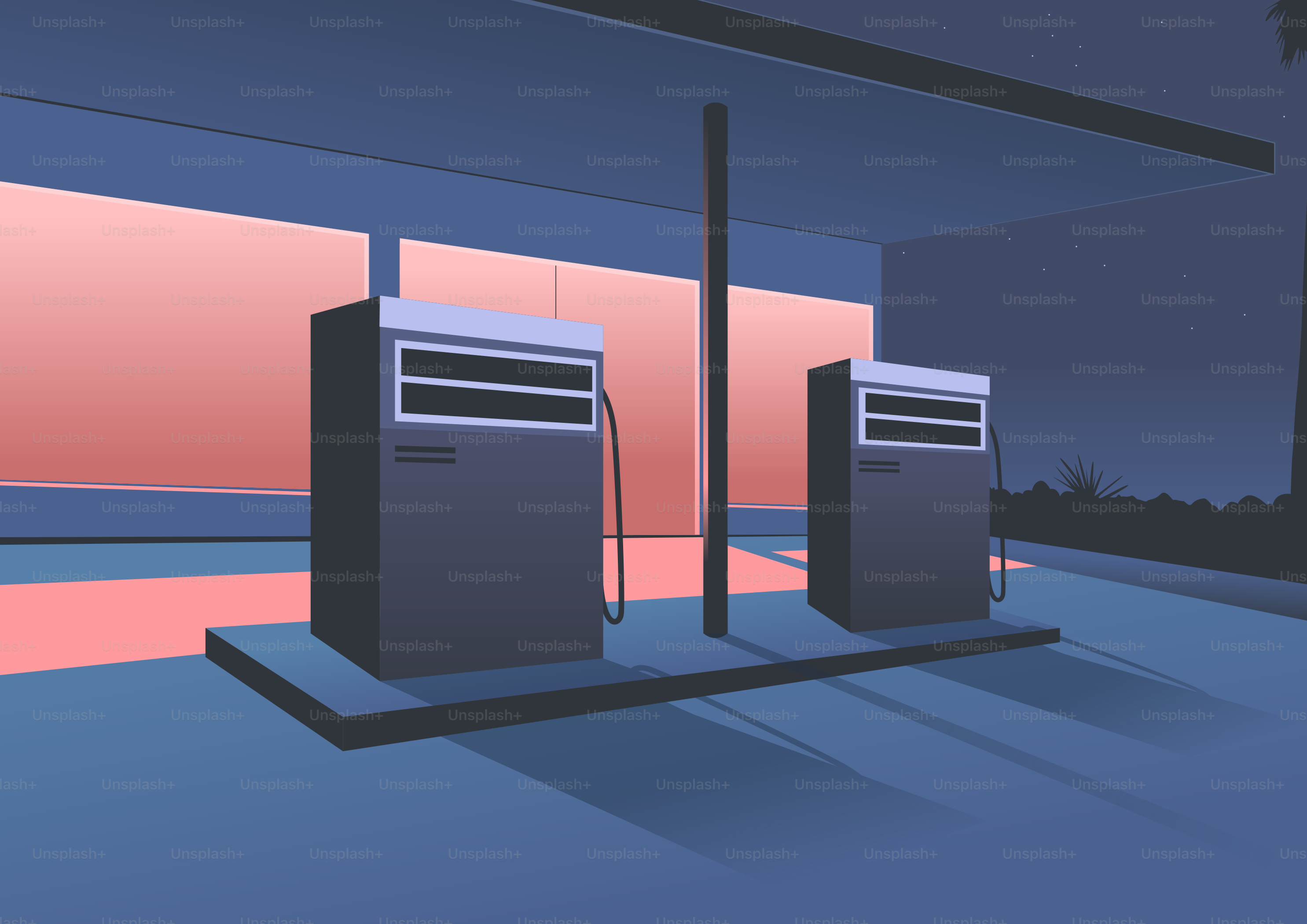 Two gas pumps at a deserted station at dusk.