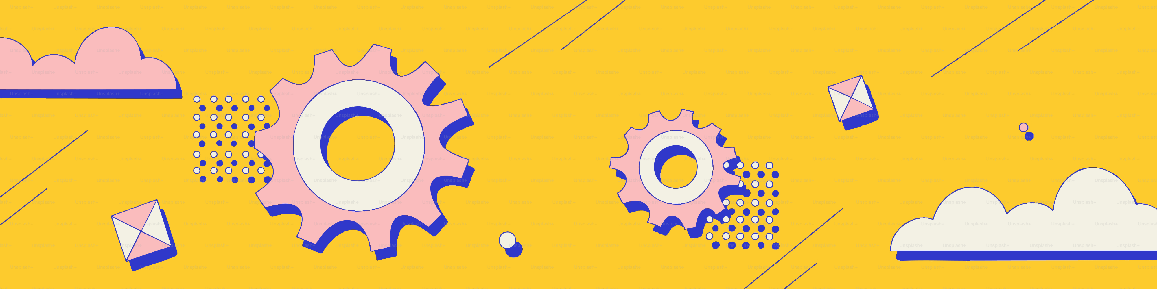 Pink gears and clouds on yellow background