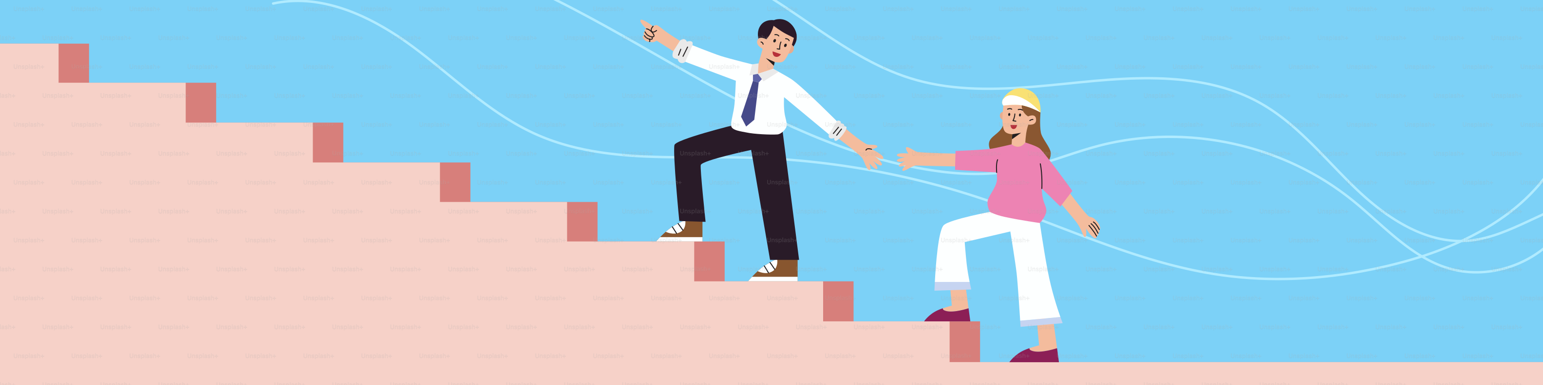 Man and woman climbing stairs together