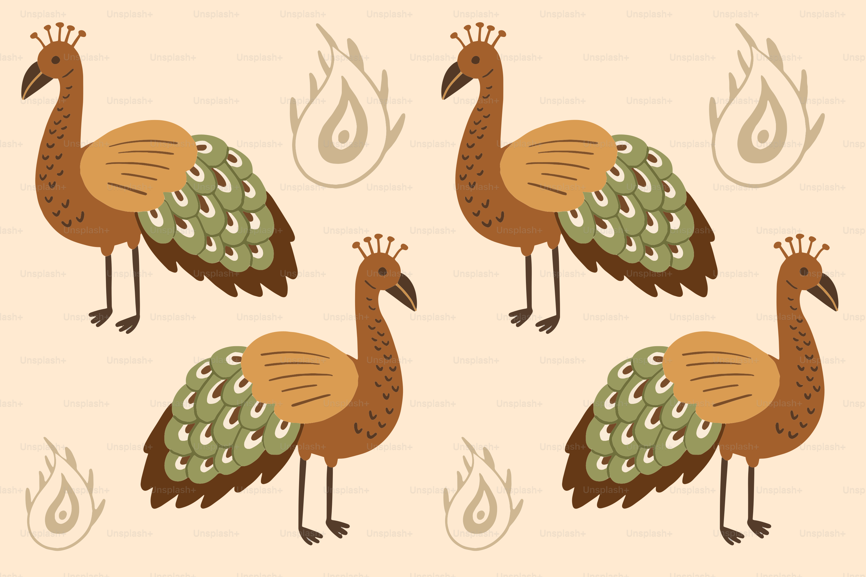 Four stylized peacocks with decorative flames
